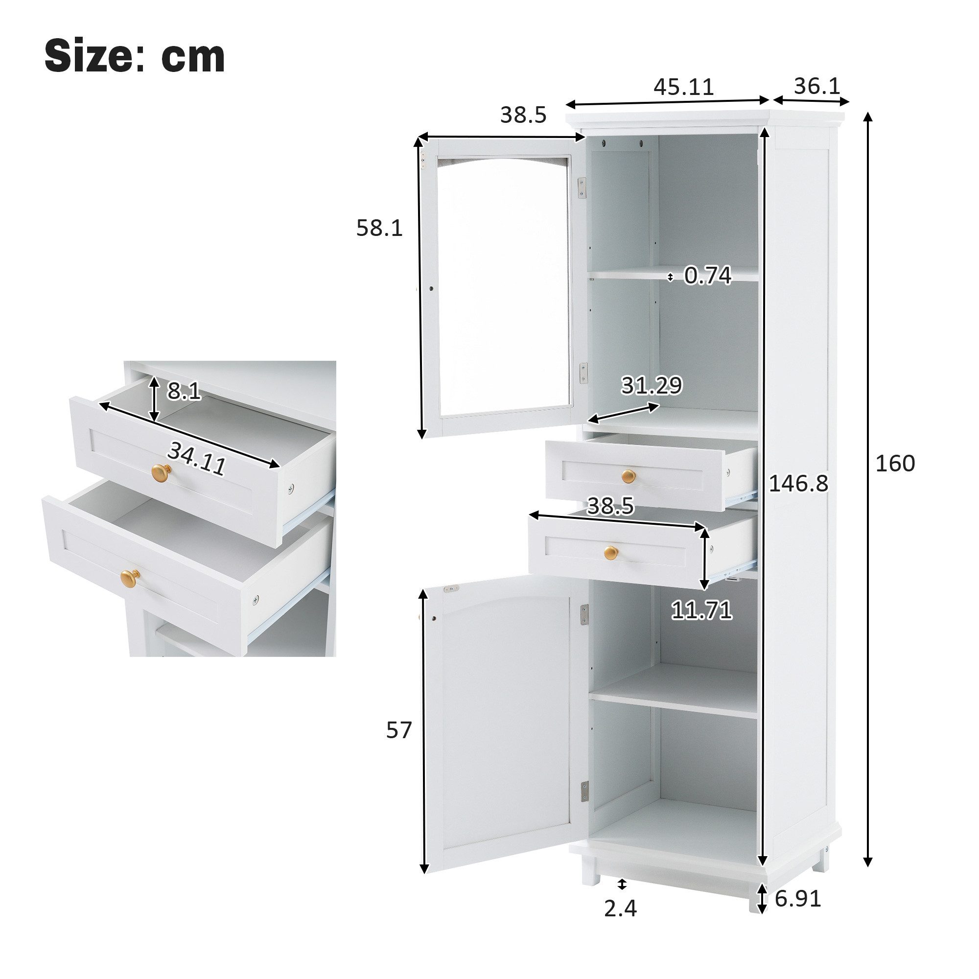 Flieks Badkommode Badezimmerschrank mit Glastüren und 2 Schubladen Hochschrank (1 St., 45x36x160 cm), Glasvitrine Mehrzweckschrank mit verstellbare Einlegeböden – Bild 5 von 5