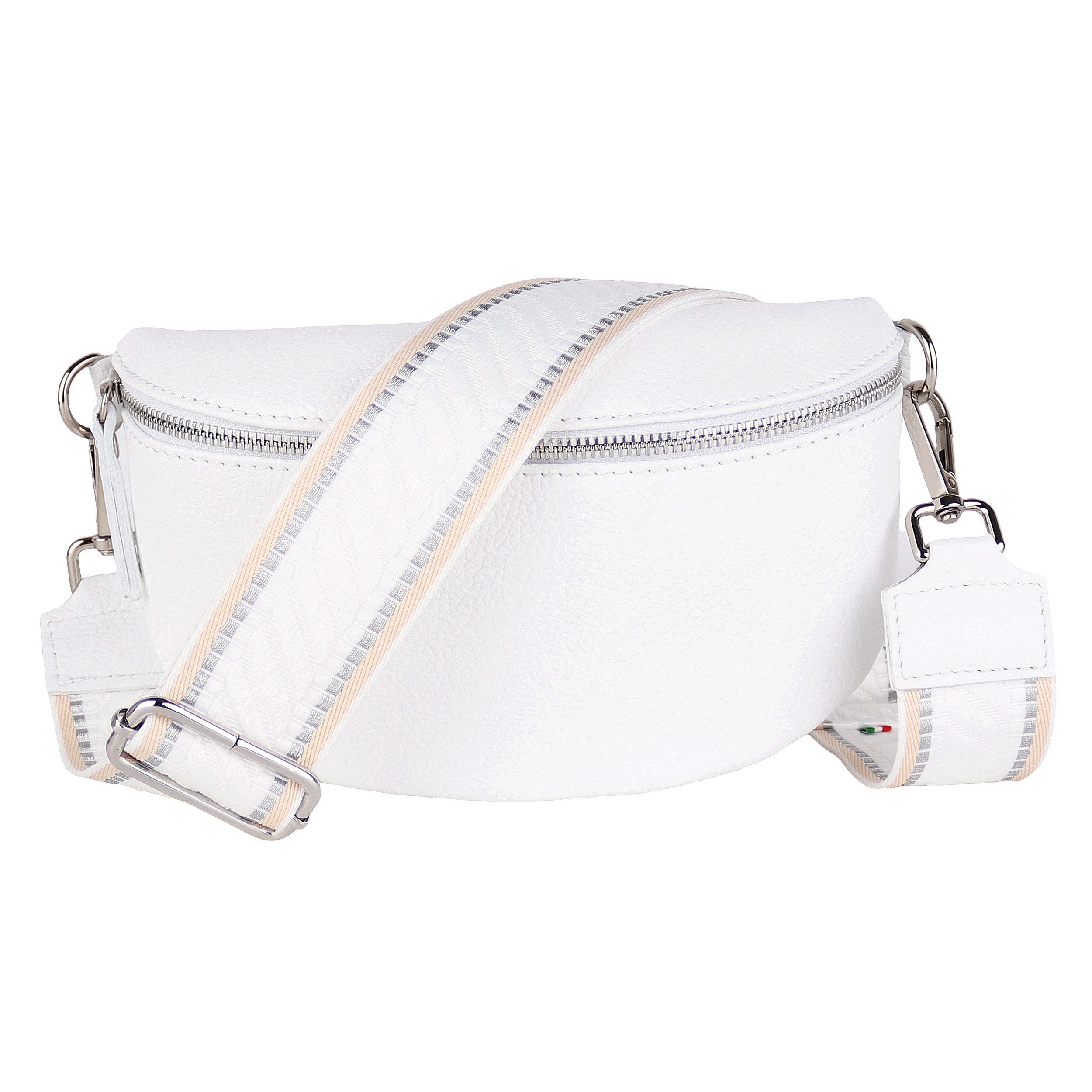 MIRROSI Bauchtasche Damen, Echtleder, Made in Italy, Umhängetasche, Brusttasche, (Schultertasche für jeden Anlass (1 Tasche & 2 Gurte), Crossbody Bag, Weiß, gemusterten& verstellbaren Schulterriemen