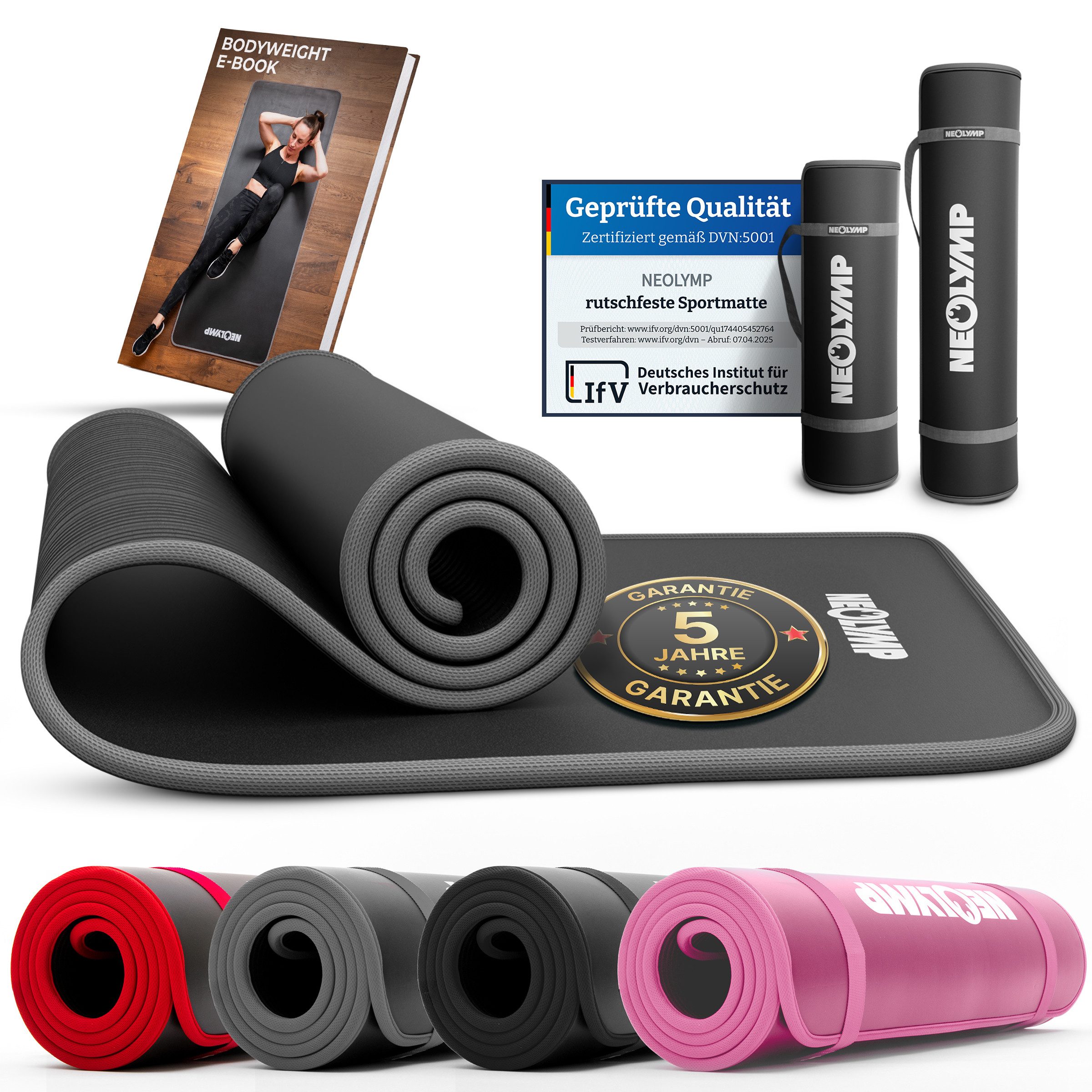 NEOLYMP Fitnessmatte (Yogamatte mit Tragegurt inklusive Trainingsbuch mit Übungseinheiten)