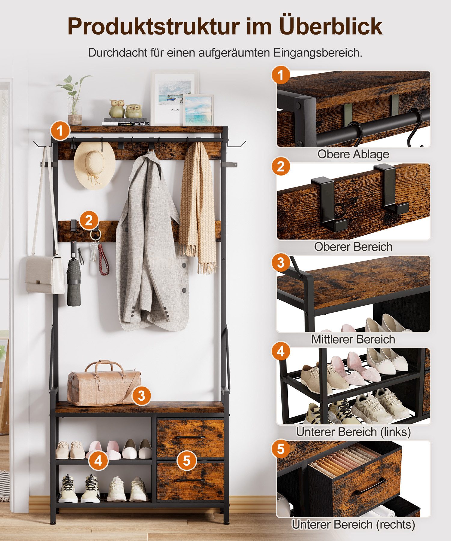 Yorbay Kleiderständer Garderobenständer mit Schuhregal & Sitzbank – 4-in-1 Kleiderständer, (80x30x180 cm), mit 17 Haken, Flurgarderobe mit 2 Schubladen für Diel – Bild 4 von 5