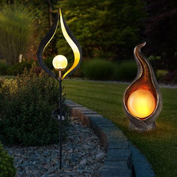 etc-shop Gartenleuchte, LED-Leuchtmittel fest verbaut, 2er Set LED Solar Steck Steh Lampen Flammen Design Außen Leuchten