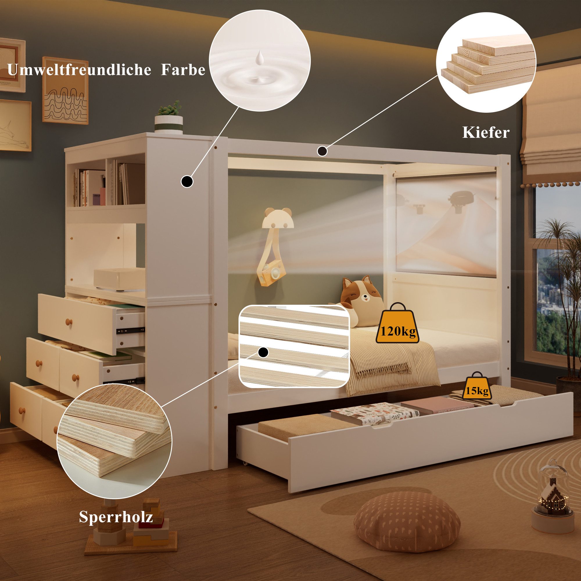 Flieks Kinderbett, Holzbett Himmelbett Einzelbett 90x200cm mit Schubladen Seitenschrank