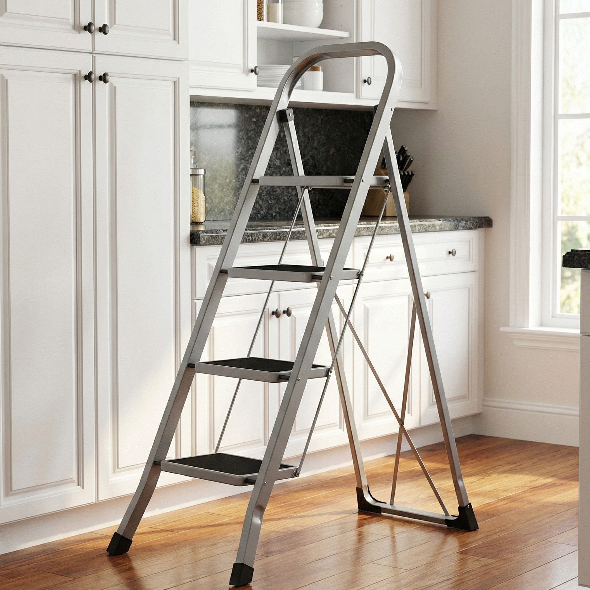 SONGMICS Trittleiter Leiter, Klappsicherung, einfach zu verstauen, bis 150 kg belastbar, mit 4 Stufen, Klapptritt, 89 x 45 x 127 cm (T x B x H)