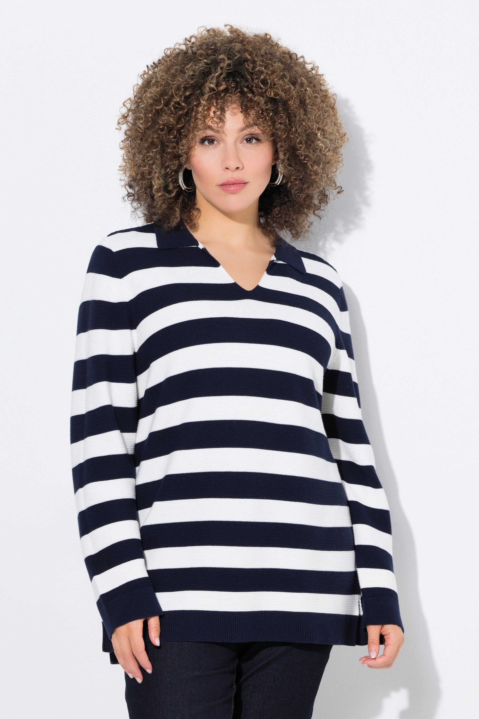 Ulla Popken Strickpullover Pullover Ringel Linksstrick Polokragen Langarm günstig online kaufen