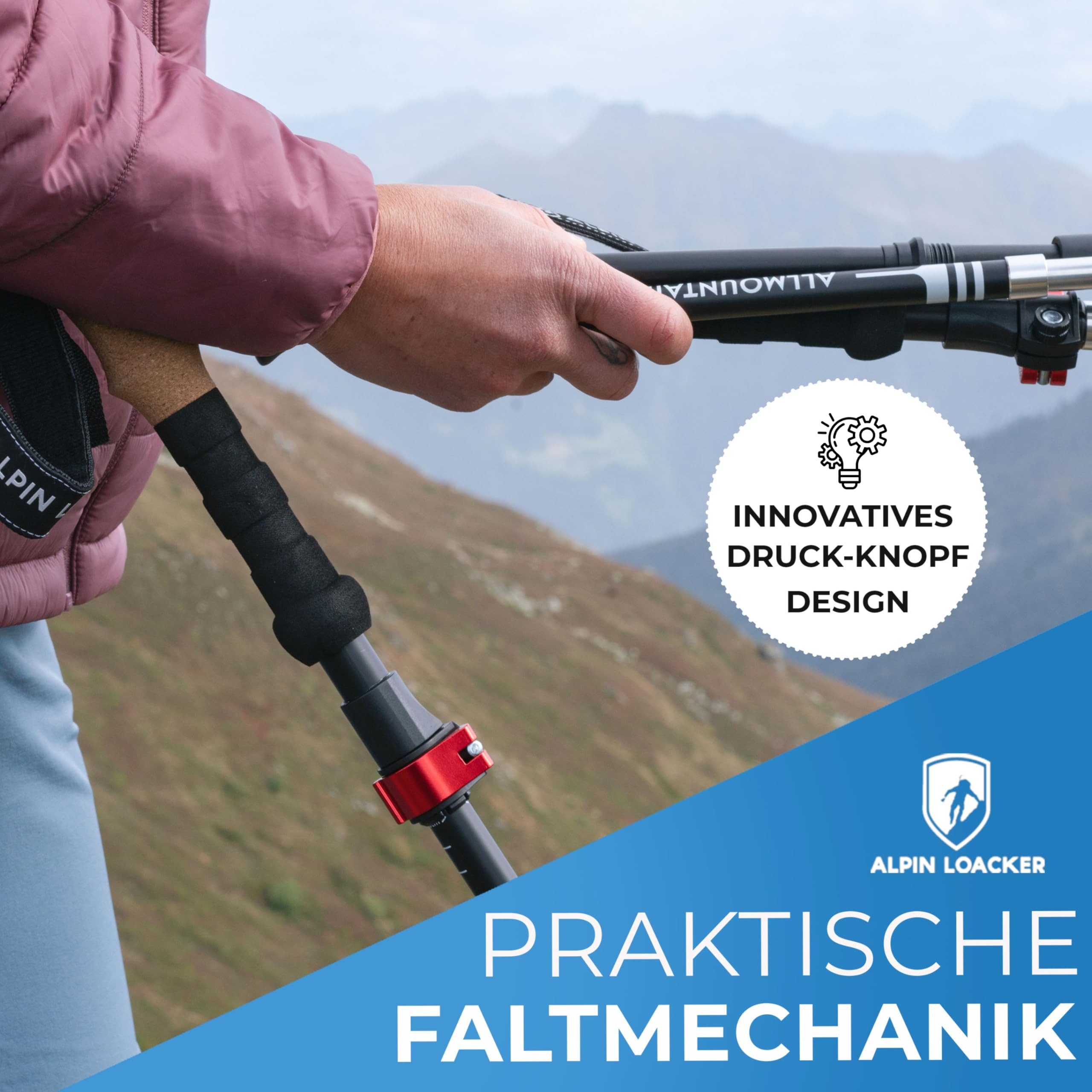 Alpin Loacker Wanderstöcke faltbar Carbon mit Korkgriff (Nordic Walking Stöcke Damen & Herren), Leichte Faltbare Trekkingstöcke Teleskop für Bergsport