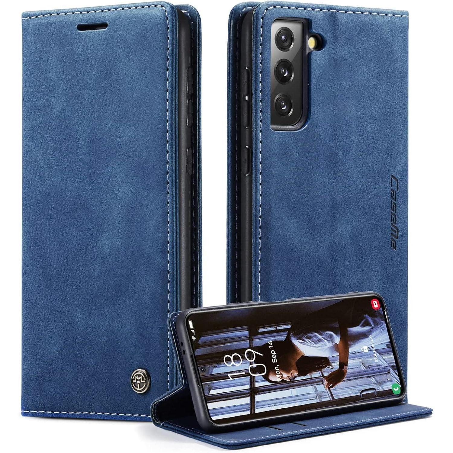 LuxusKollektion Flip Case Handyhülle Samsung Galaxy S21 5G Premium Leder Flip Case Blau
