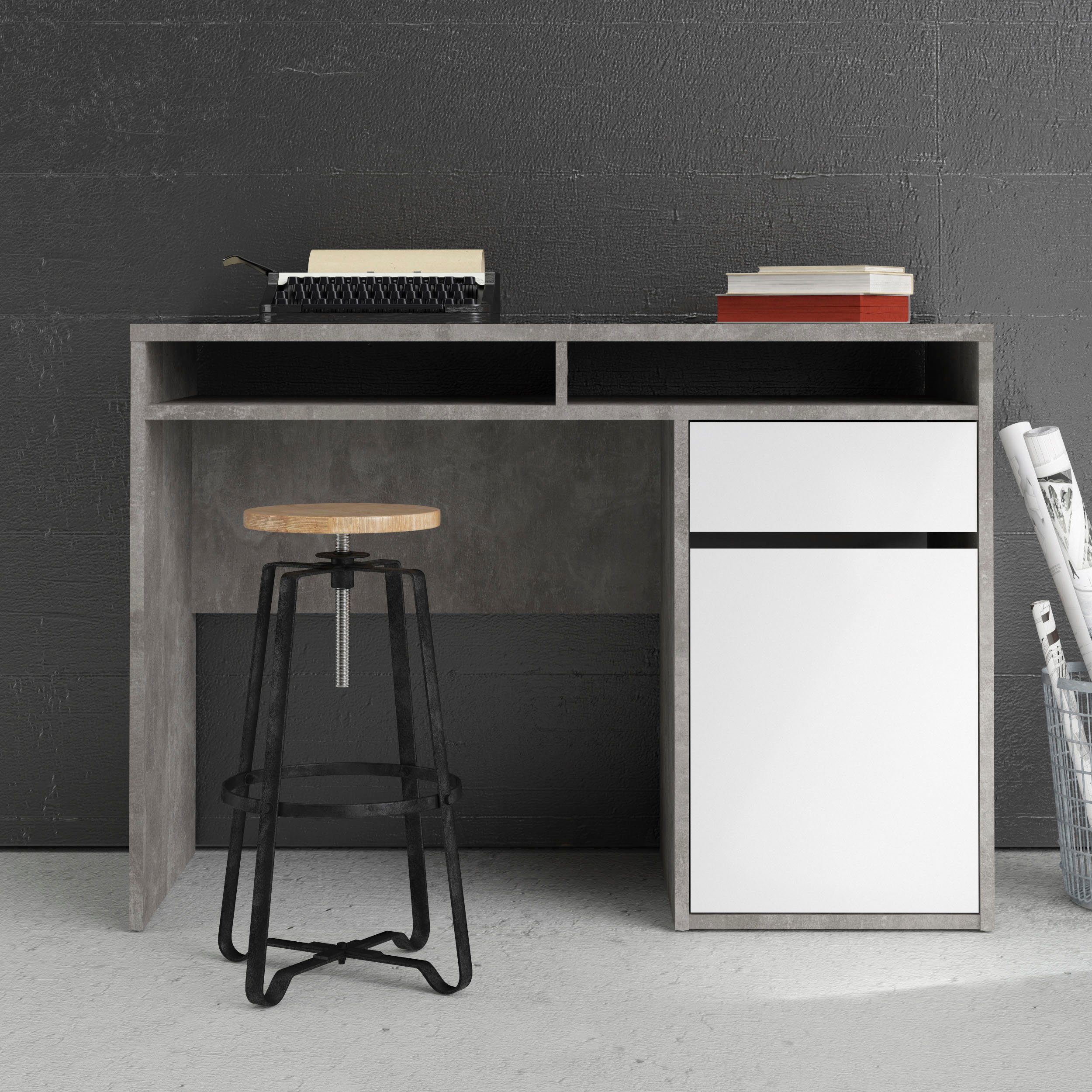 Home affaire Schreibtisch Plus, mit vielen Stauraummöglichkeiten, zeitloses Design betonfarbig/weiß/weiß Hochglanz | beton | beton