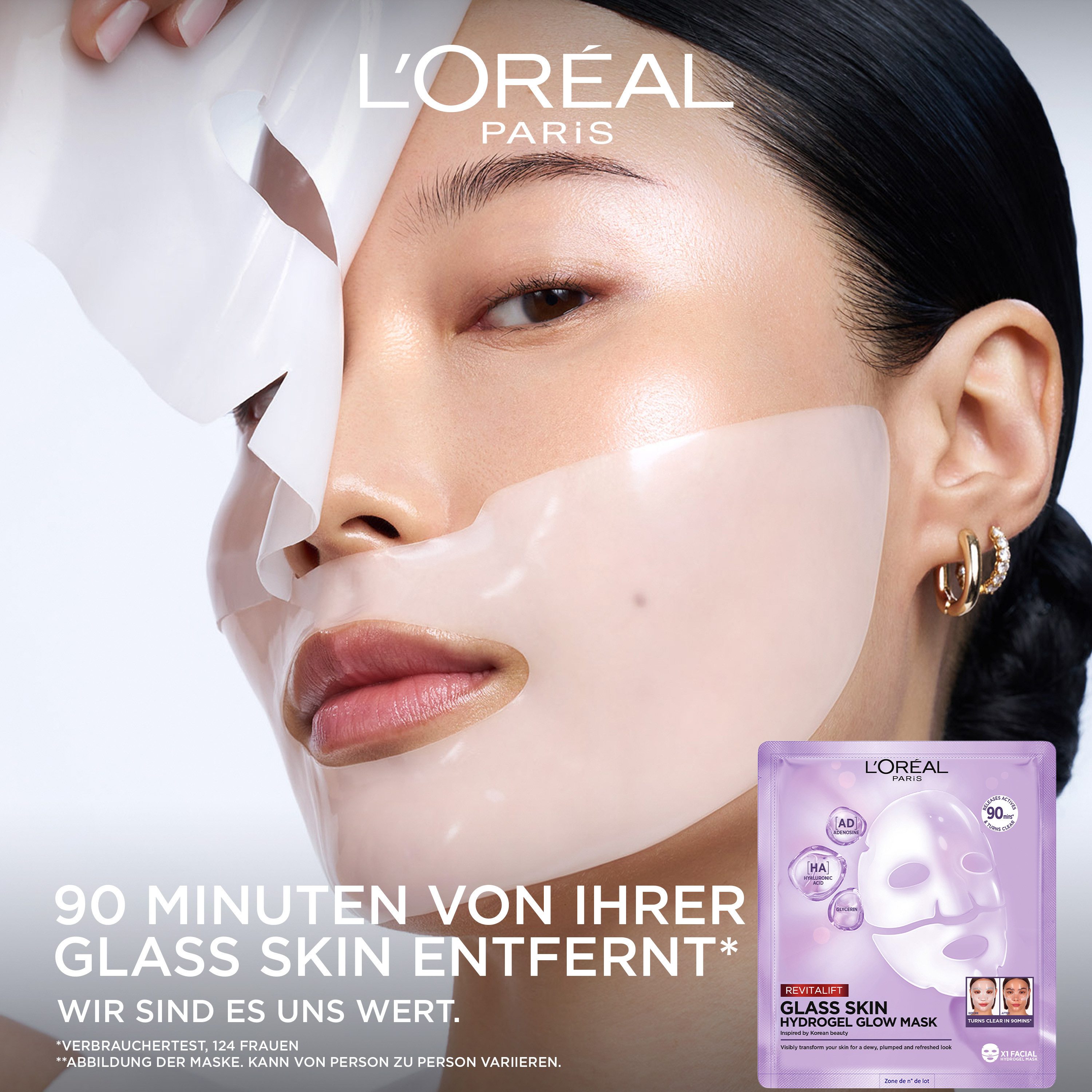 L'ORÉAL PARIS Gesichtsmaske REVITALIFT GLASS SKIN HYDROGEL GLOW MASK Set, 4-tlg., für aufgepolsterte & glowy Haut