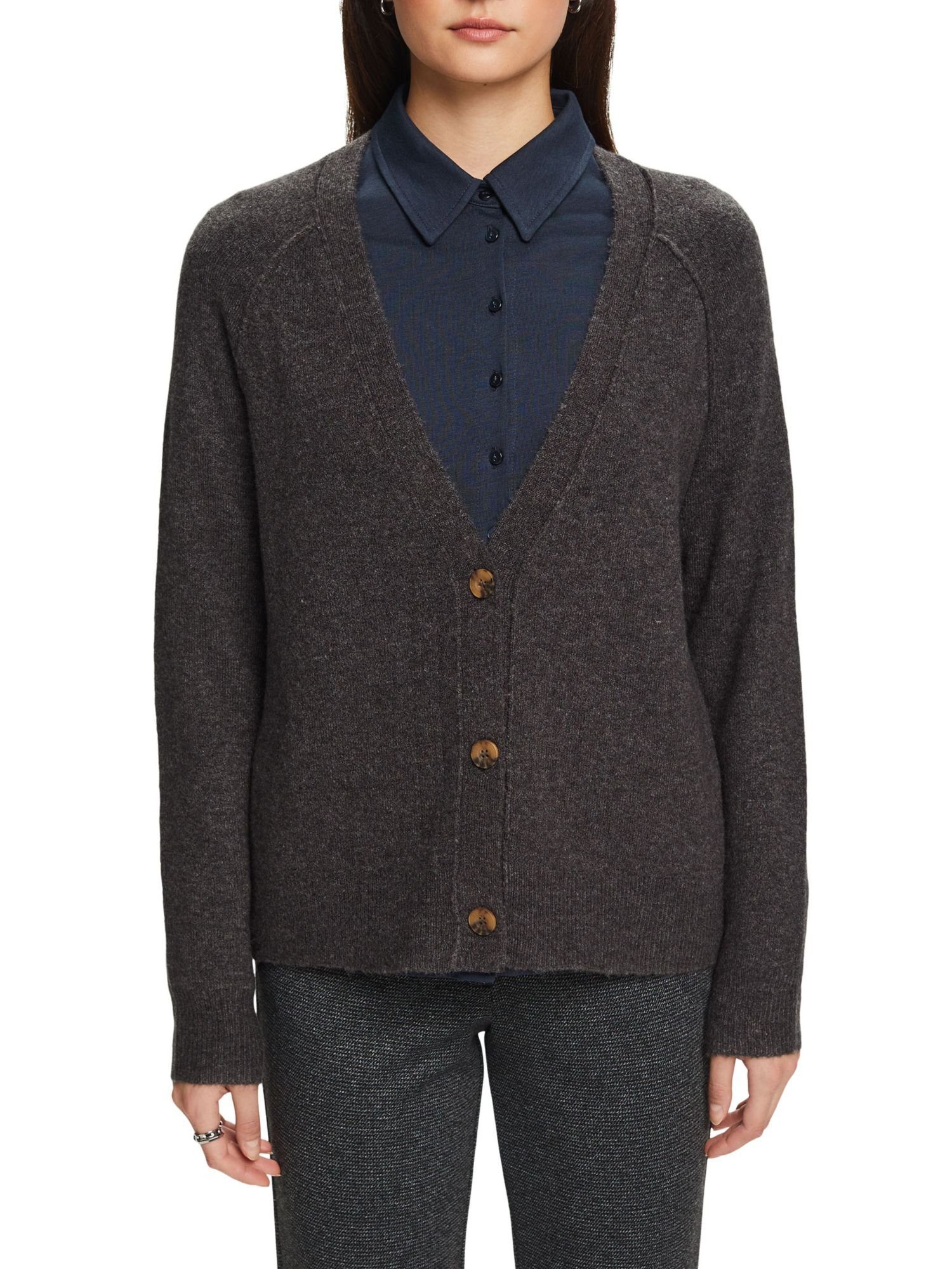 Geknöpfter V-Ausschnitt, Strickjacke Cardigan Esprit Wollmix ANTHRACITE mit (1-tlg)