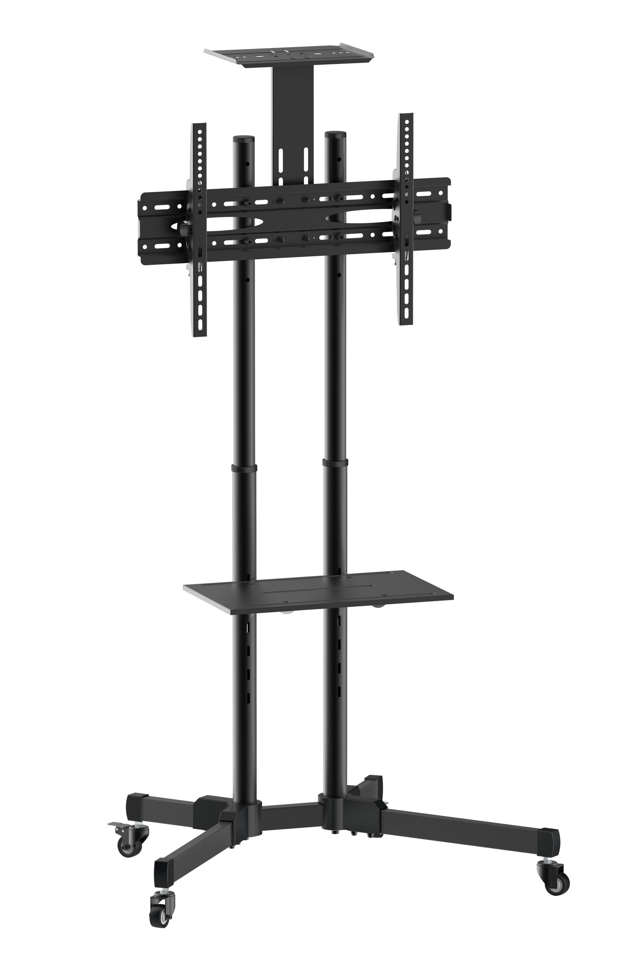 Xantron TV-Ständer Rollwagen 37-75" fahrbar höhenverstellbar mit Ablage & Kamerahalterung, (bis 75 Zoll, neigbar (10°/-10) & fahrbar, inkl. Geräteablage, Kamerafach & Kabelmanagement)