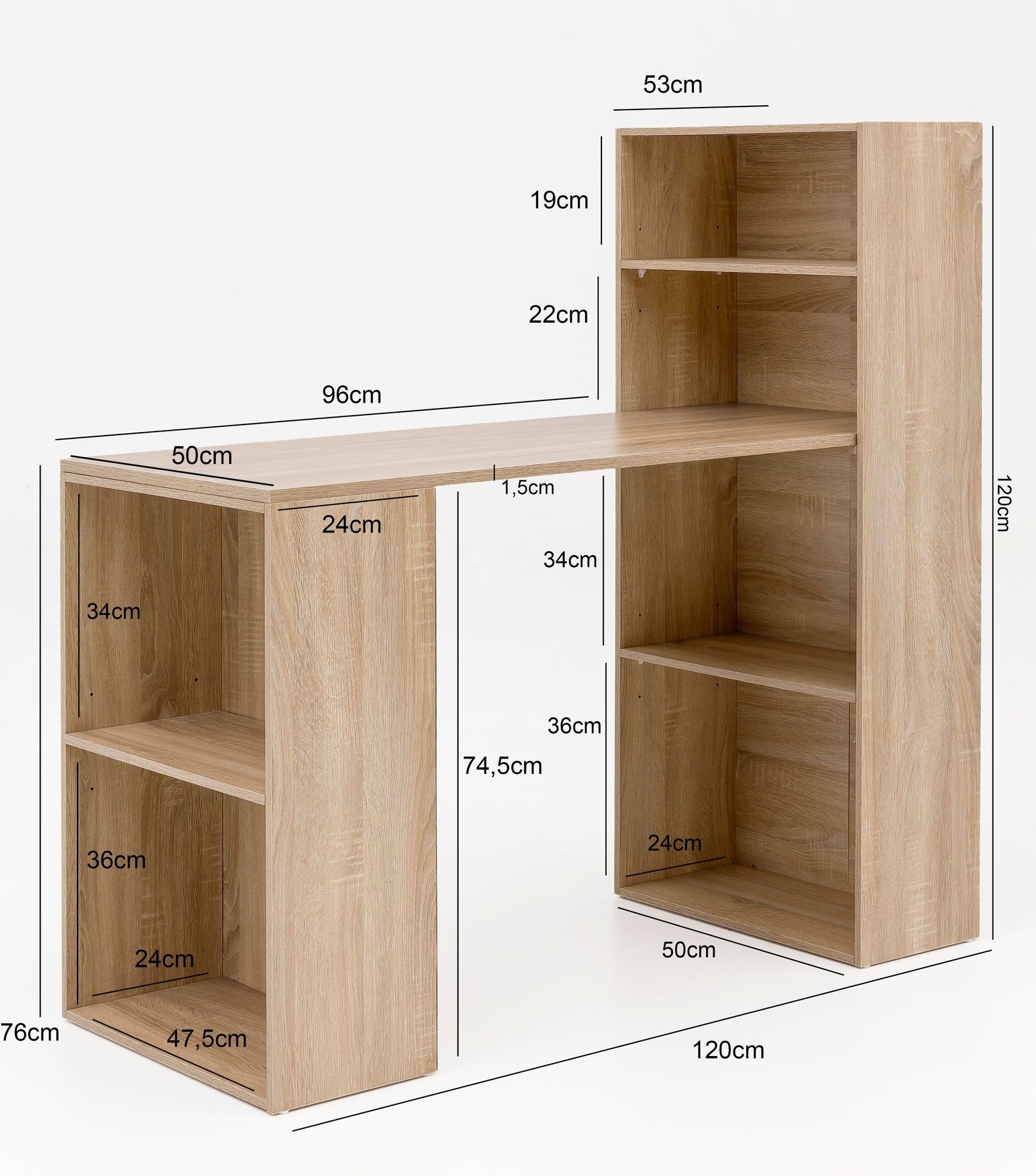 120 Grau | x Holz mit Sonoma Schreibtisch 120 x 53 Bürotisch Stauraum, FINEBUY Modern), (mit cm Regal SuVa13499_1 Sonoma Rechteckig Computertisch