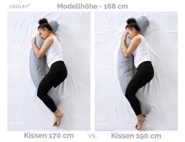 Loolay Seitenschläferkissen Feder WEIß Baumwolle/ MINKY Grau Schwangerschaftskissen M/L o. L/XL, WEICH oder EPS Kügelchen Füllung; 170 oder 190 cm SIZE-Standard, Stillkissen + Kissenbezug abnehmbar mit Reißverschluss!, LOOLAY® 100% Europäische Stoffe und Kleinserien-Nähen! TOP Geschenk!