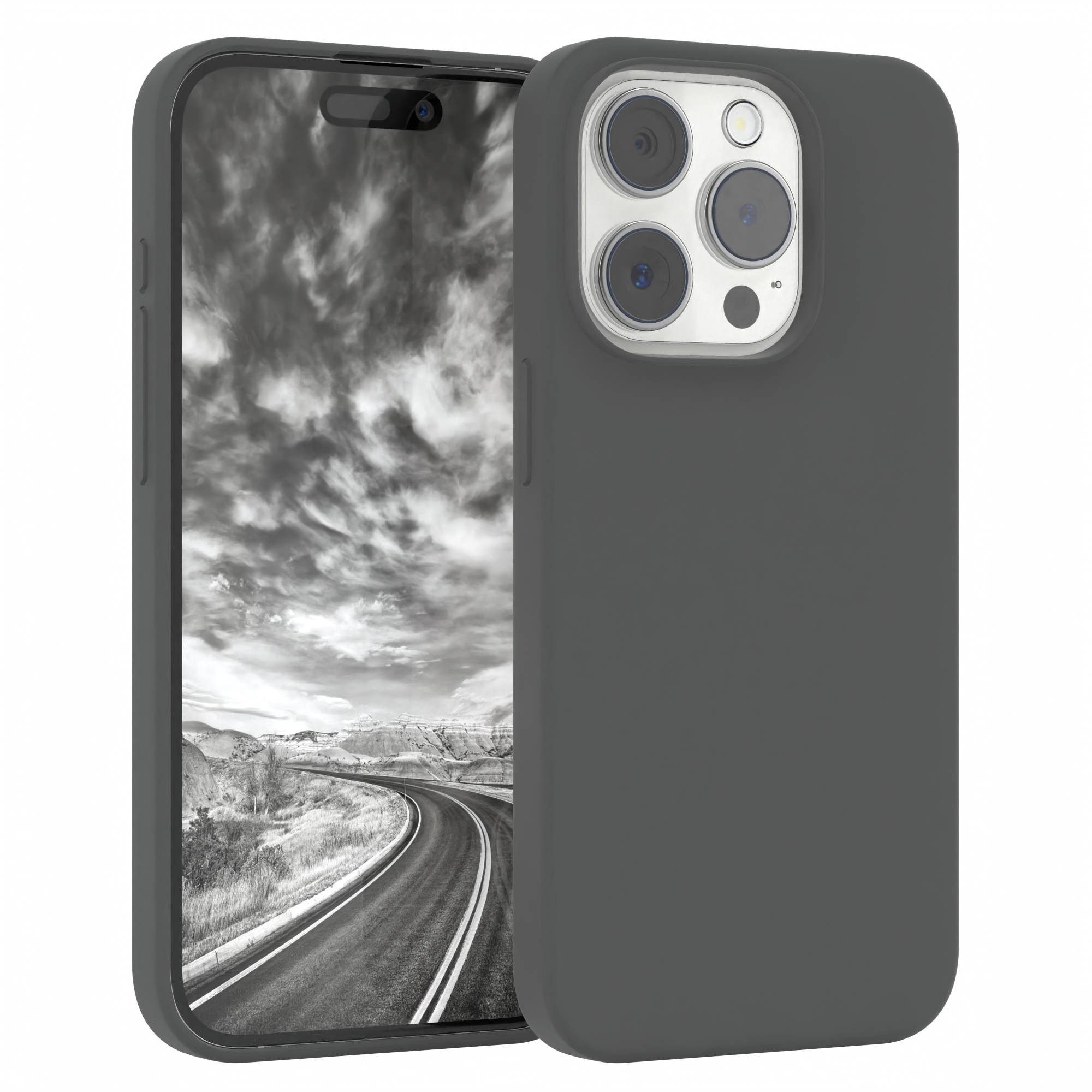 EAZY CASE Handyhülle Premium Silikon Case für Apple iPhone 15 Pro 6,1 Zoll, Schutzhülle mit Kameraschutz Back Cover Hülle Slimcover Anthrazit Grau