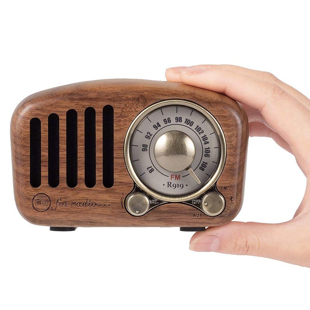 GelldG FM Klassisches-Holz Retro Radio Klein, Tragbares Radio mit Bluetooth Lautsprecher Nussbaum