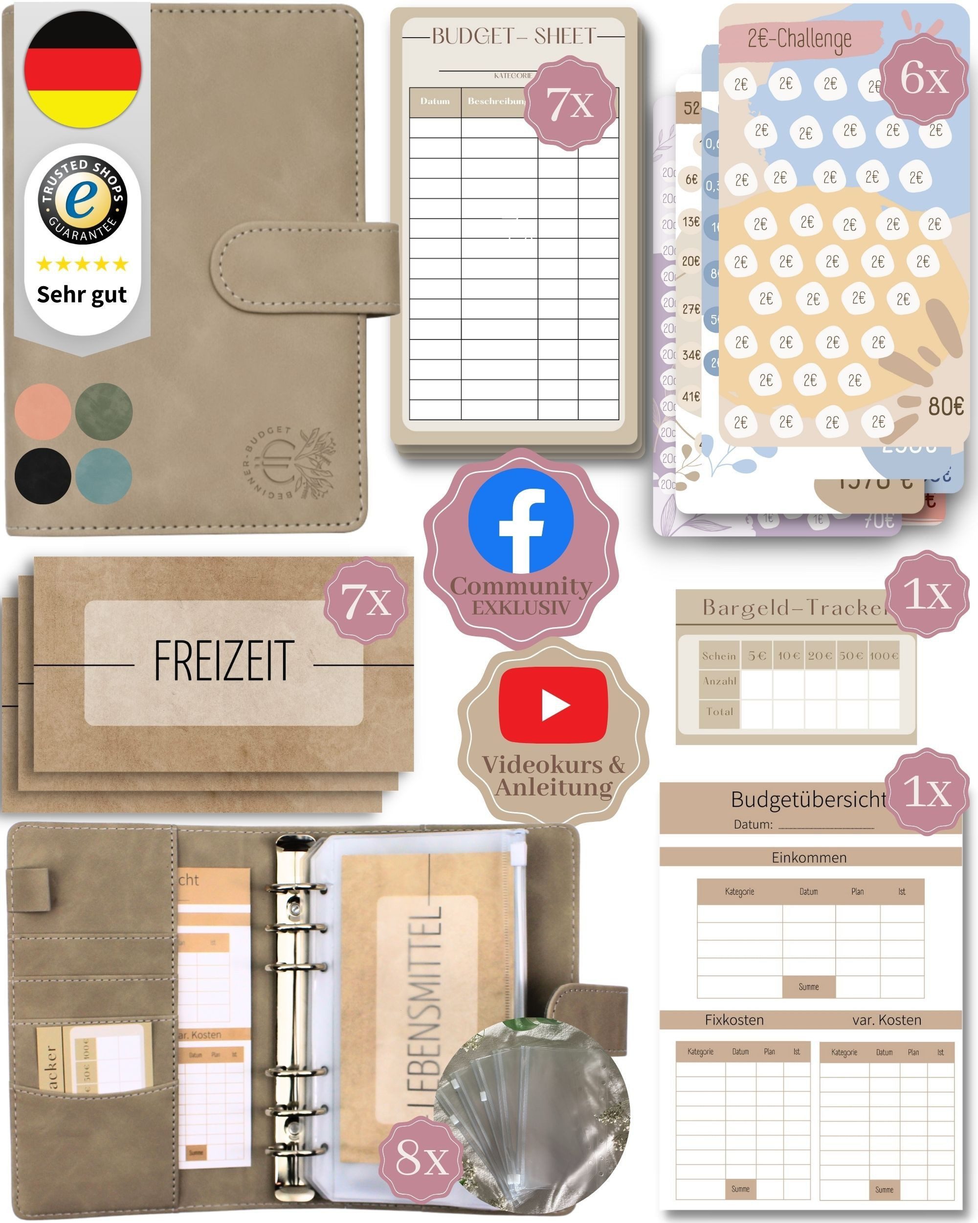 BeginnerBudget Ringbuchmappe Budgetplaner Starter-Set Sparbuch zum Geld Sparen + Spar-Challenges, Sparen mit Umschlagmethode + Anleitung - Ringbuch - Binder A6