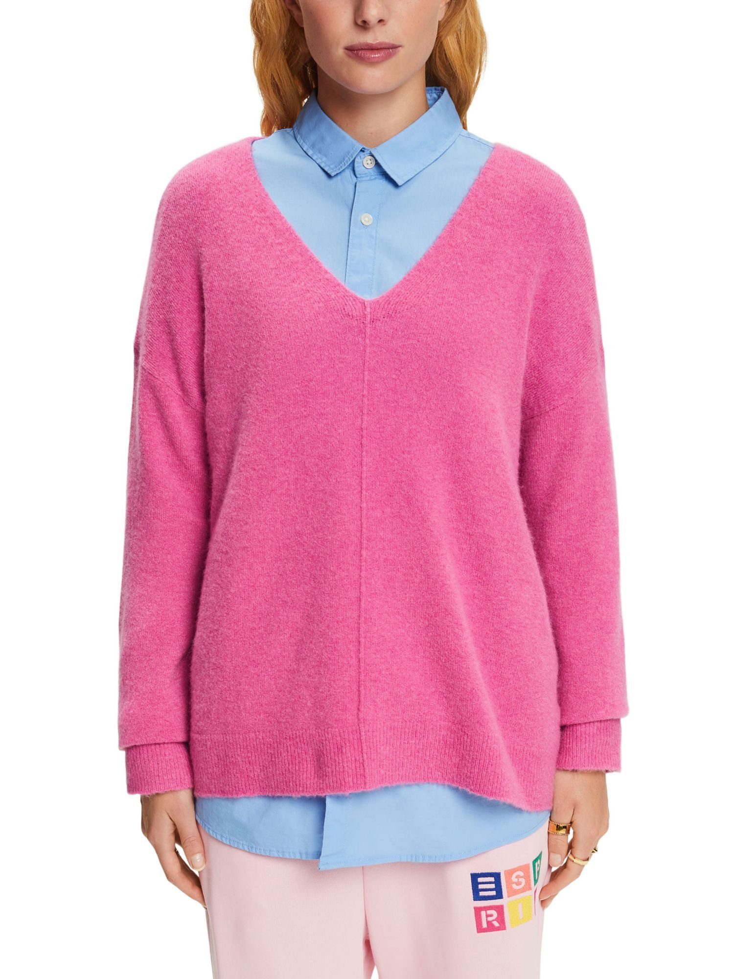 Esprit V-Ausschnitt-Pullover Wollmix-Pullover mit V-Ausschnitt FUCHSIA PINK
