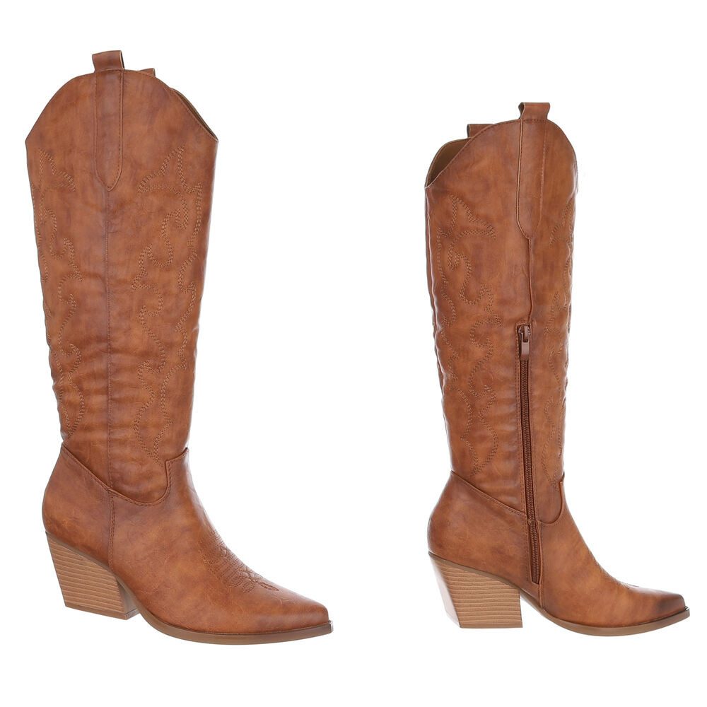 Ital-Design Elegante Stiefeletten mit hohem Absatz für Damen Westernstiefel (90153161) Blockabsatz Stiefel in Camel