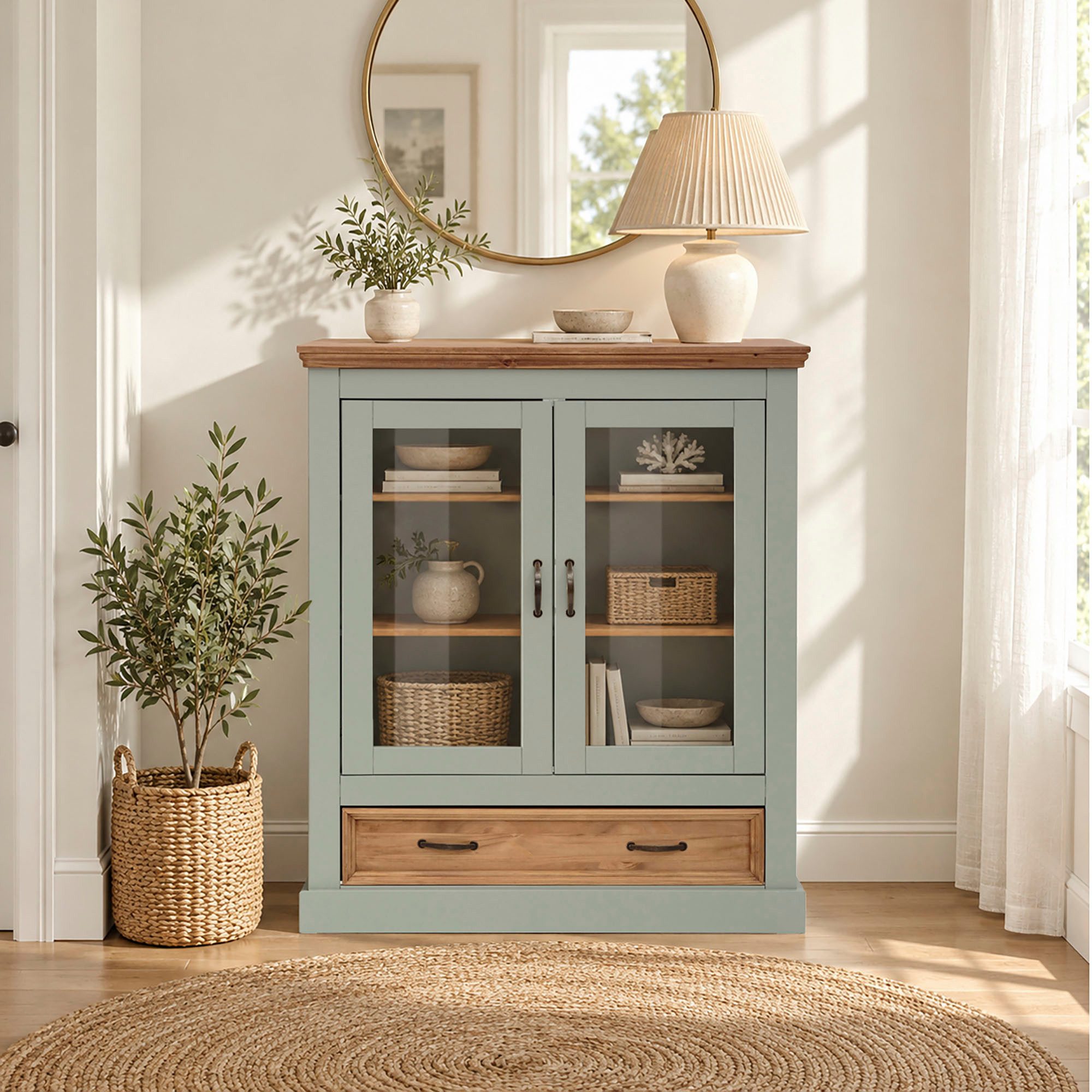 OTTO home Vitrine Selma Highboard aus massivem Kiefernholz, mit Griffen aus antikisiertem Metall – Bild 2 von 5