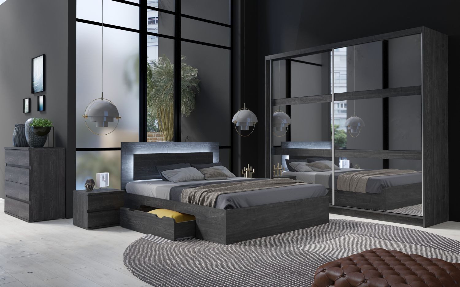 Lukas Möbel Komplettschlafzimmer Komplettschlafzimmer Togo in Anthrazit 5-teilig, Bett mit Bettkasten, Kleiderschrank mit Spiegeln, 5-teilig, Schwarz