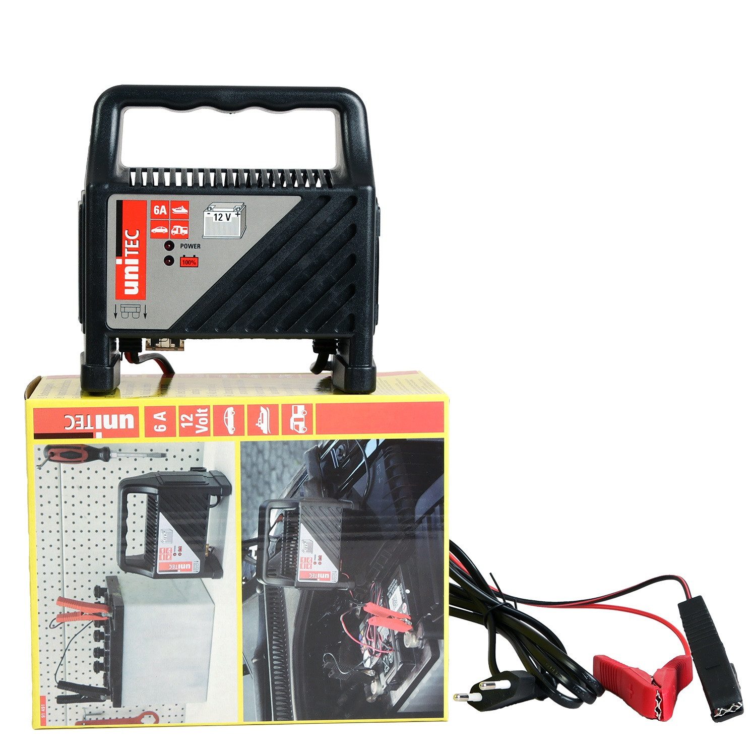 UNITEC Werkzeugwagen Batterie-Ladegerät 12V 6A Anzeige, Auto Kfz PKW Boot Camper Batterie-Lader Akku