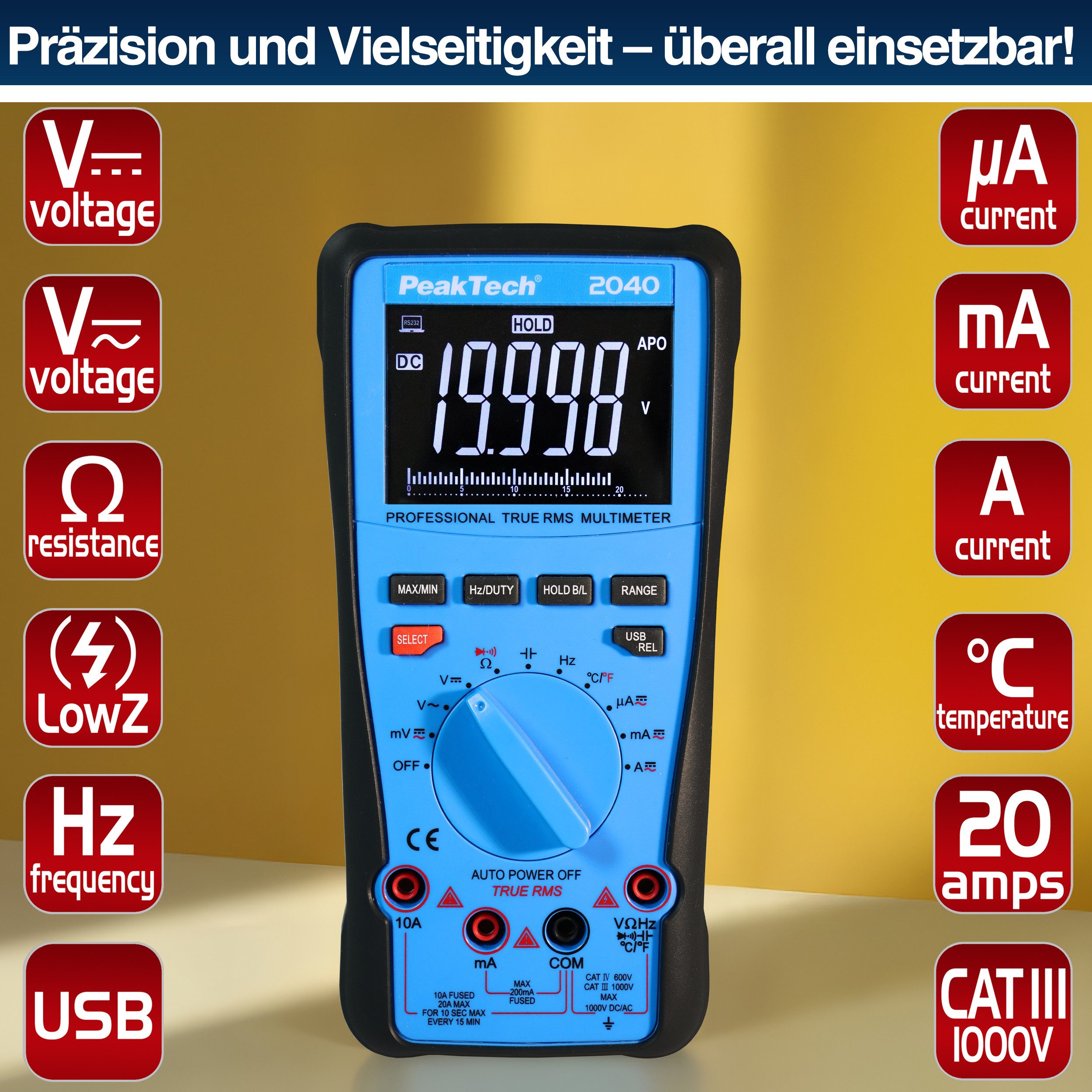 PeakTech Multimeter True RMS Digitalmultimeter 1000V 20A 20000 Counts USB