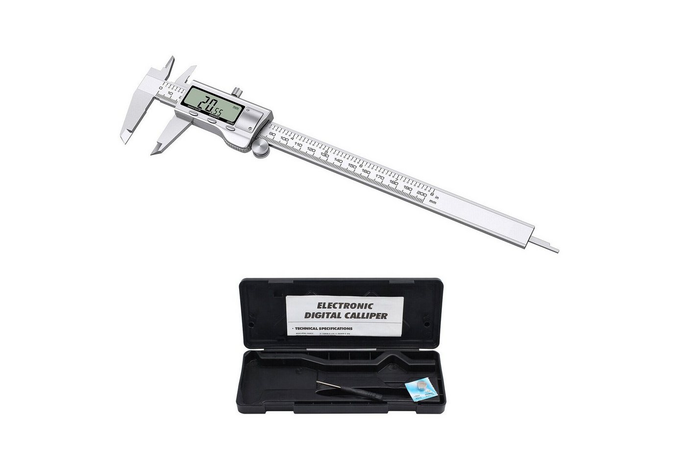 Bolwins Messschieber B33C Digital Messschieber Schieblehre 0-200mm 8" LCD Edelstahl Messen, 1, max. 200 mm, Digitaler Messschieber, 4-St., mit Kunststoff-Aufbewahrungsbox, digitaler Messschieber aus gehärtetem Edelstahl, drei Messmodi