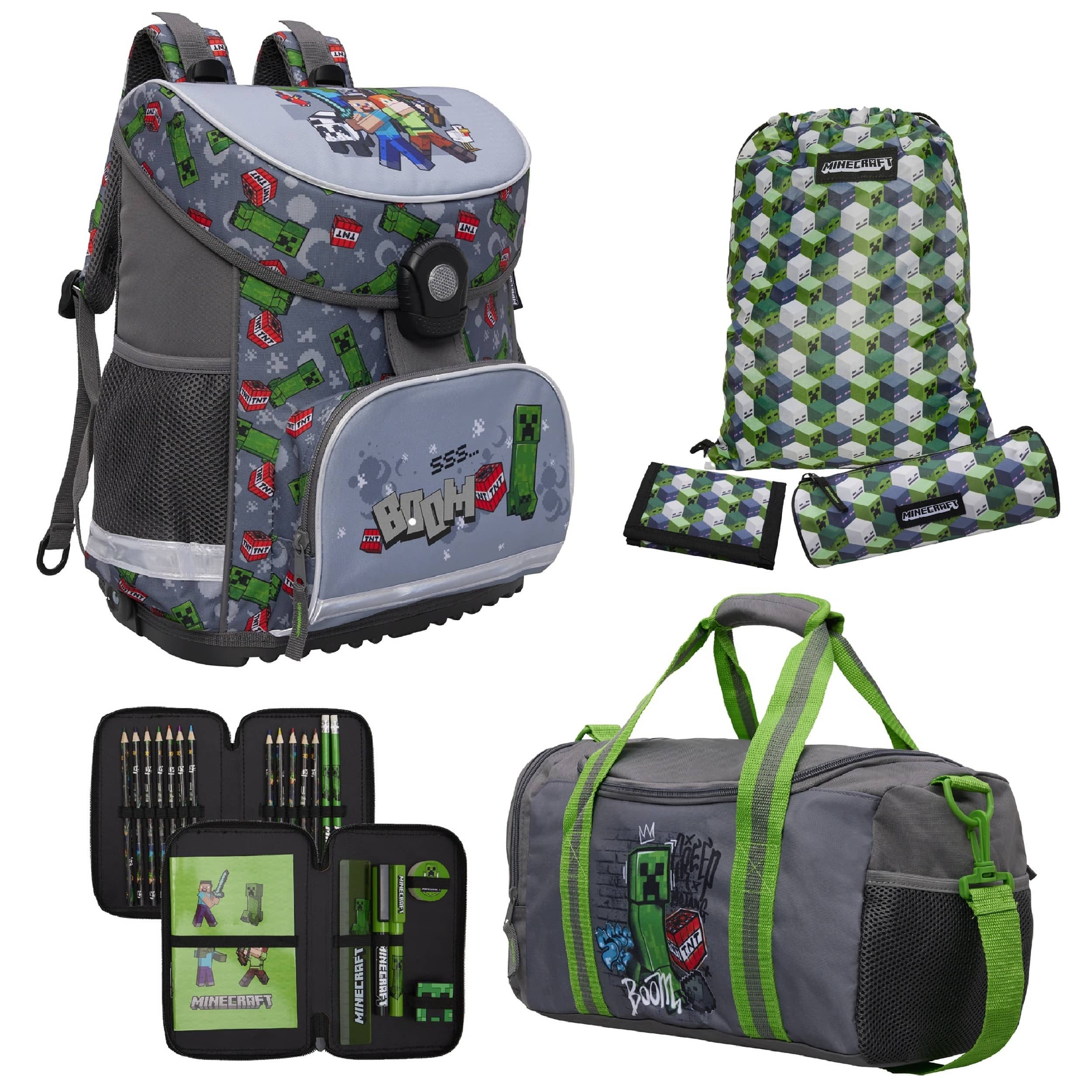 Familando Schulranzen Minecraft Komplett-Set 6-teilig für 1. Klasse Ergonomisch & Kompakt (Set, 6-tlg), mit großer Sporttasche und befüllter Federmappe