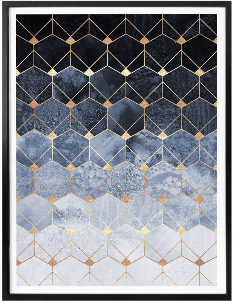 (1 Wall-Art Blau Hexagon Gold, Schriftzug Poster St)