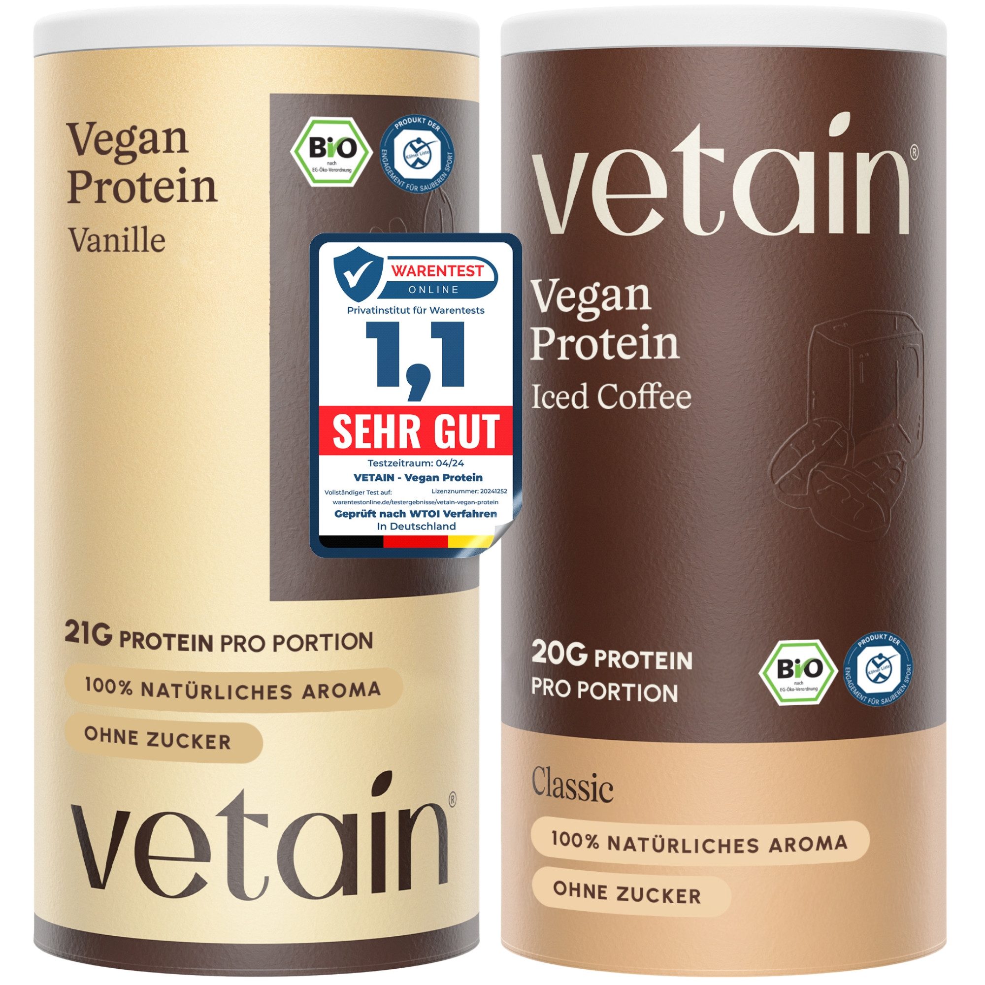 VETAIN Vegan Protein Pulver Vorteilsset Pulver, 2 er, Bio Protein Pulver, ohne künstliche Süßungsmittel, cremig, gut löslich