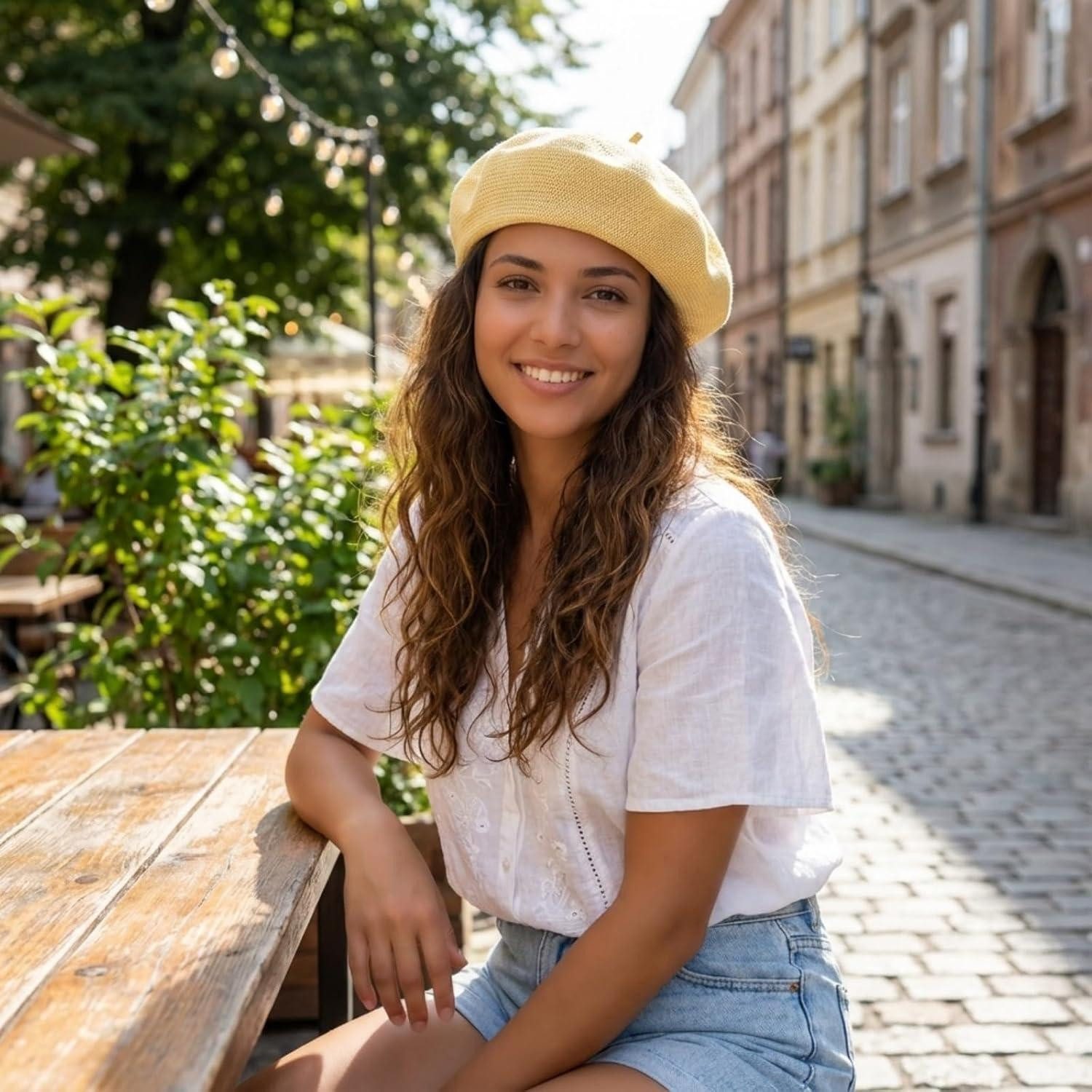 LuxusKollektion Baskenmütze Baskenmütze Damen Barett Beret Beanie atmungsaktiv Sommer 56-58 Gelb