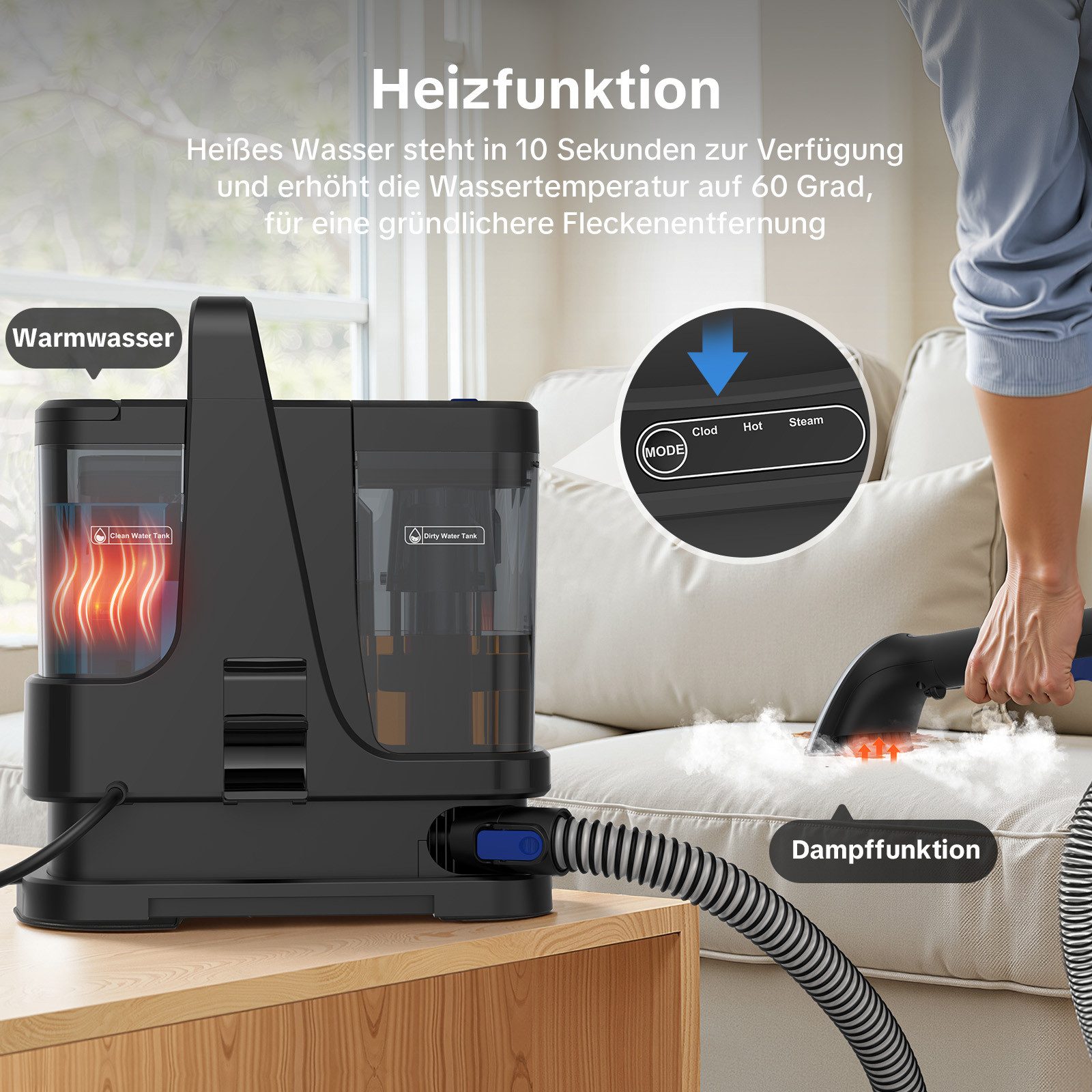 lubluelu Teppichreinigungsgerät V9 mit Dampffunktion Teppichreiniger Polsterreiniger 13.000PA 3-in-1, 1250 W, beutellos, 100°C Dampf, 60°C Heißwasser, Kaltwasser-Funktion, Selbstreinigung