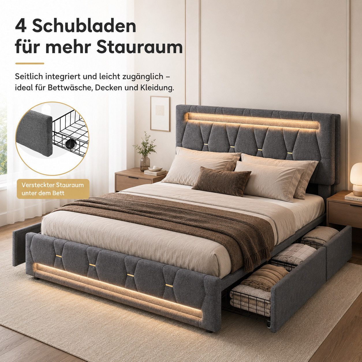Simurq Polsterbett Polsterbett 140x200 Doppelbett Leinen Grau mit RGB LED & 4 Schubladen (Bettgestell mit 4 Schubladen, Bettgestell mit 4 Schubladen) – Bild 5 von 5