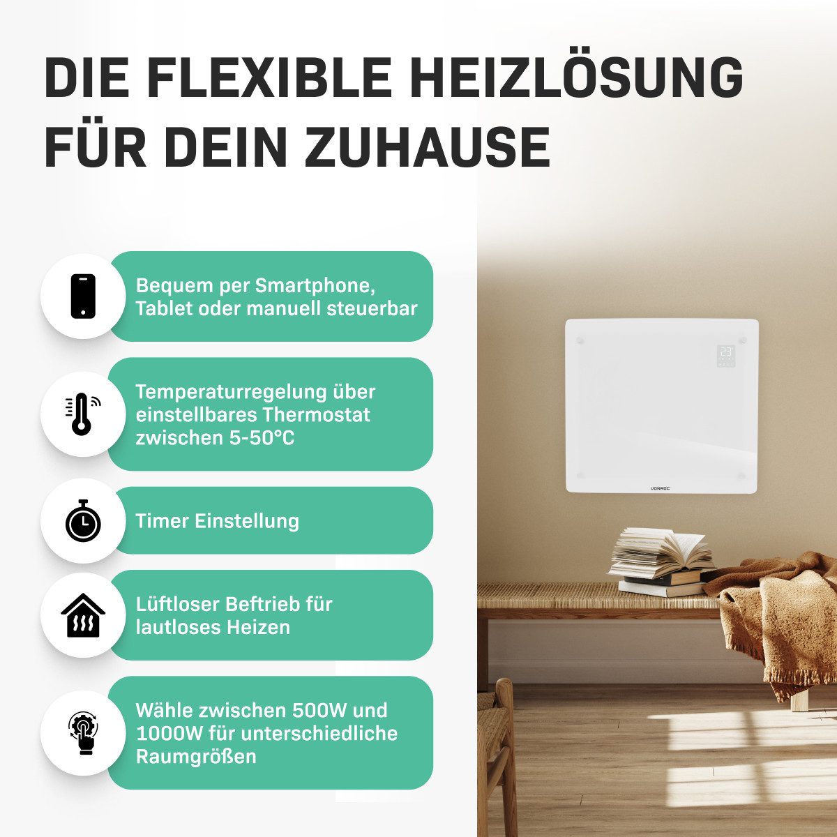 VONROC Heizkörper Elektroheizung in Varianten für 12 bis 30qm Räume, Elegante Konvektorheizung 2 stufig - Manuelle/App Steuerung