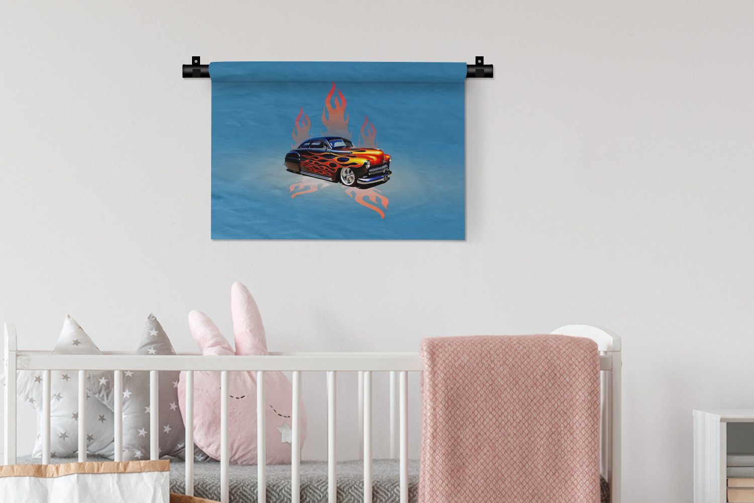 Blau Auto Vintage, - Wanddekoobjekt - Wohnzimmer, Wandbehang, für - Schlafzimmer, Kleid, Kinderzimmer - Wanddeko MuchoWow Feuer Flammen