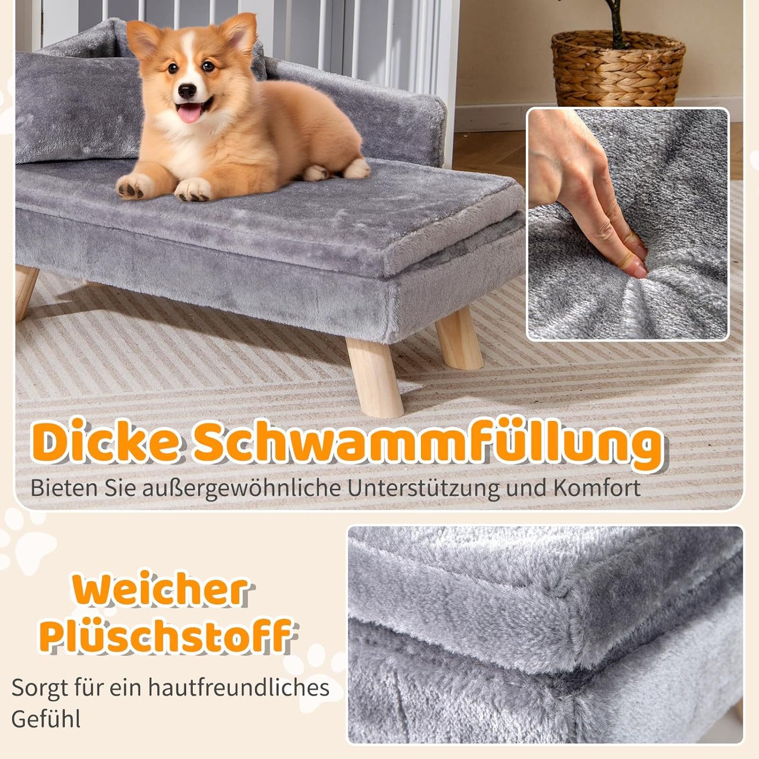 KOMFOTTEU Tiersofa, Hundebett mit Rückenlehne, abnehmbarem Kissen & Holzbei günstig online kaufen