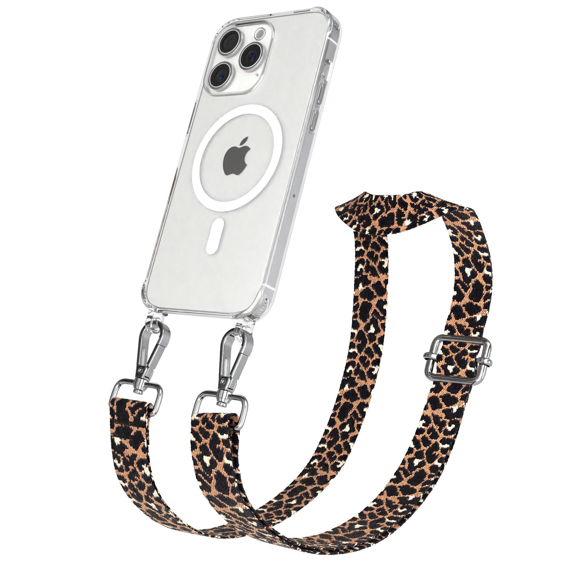 EAZY CASE Handykette Umhängeband MagSafe Hülle Apple iPhone 15 Pro Max 6,7 Zoll, Festivaltasche für Handy Umhängeband Leo MagSafe Clear Case Schwarz