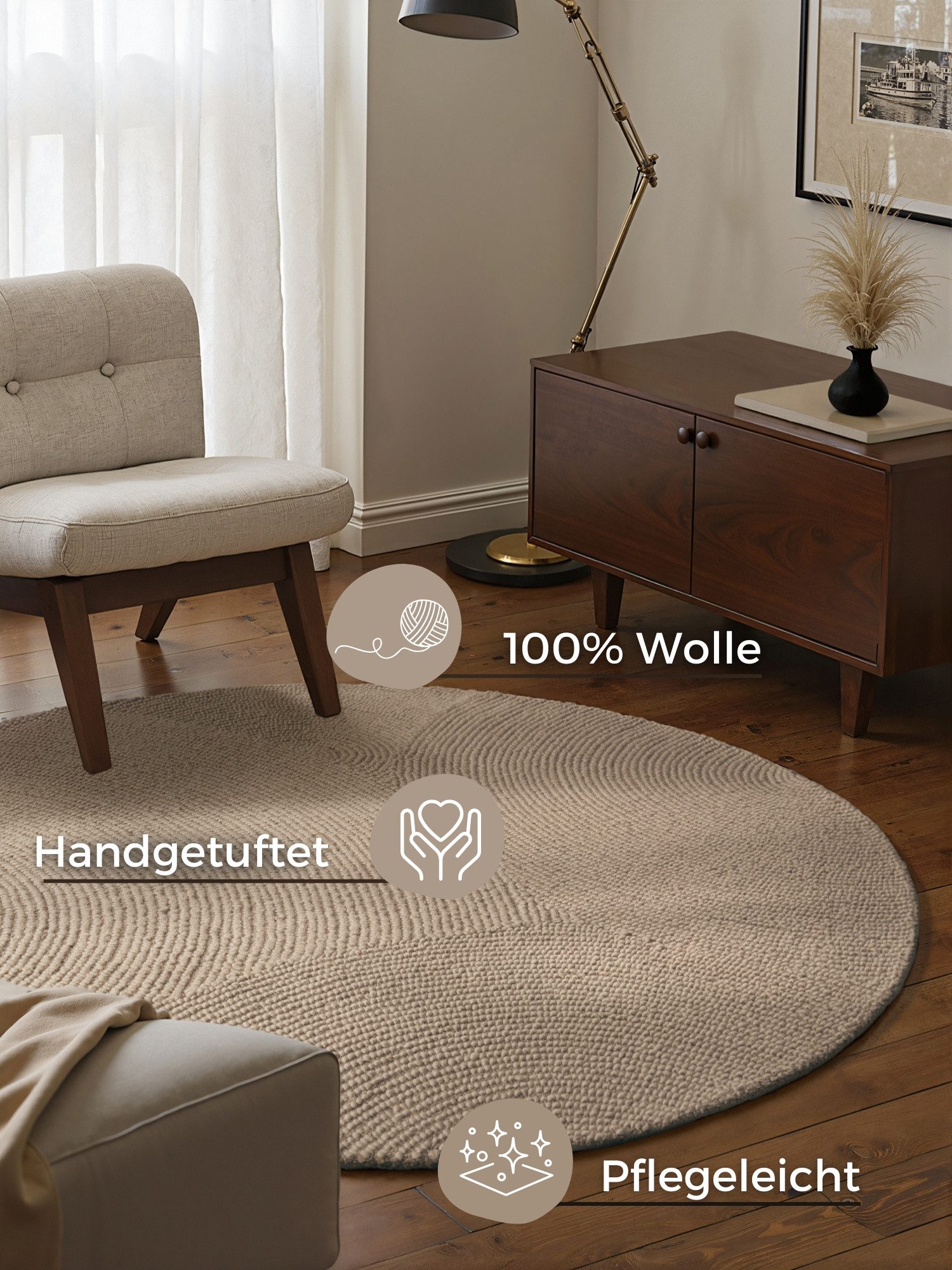 HANSE Home Wollteppich Calmio, auch als Läufer und in rund, rechteckig, Höhe: 18 mm, Handgetuftet, Wolle, Natur, Wohnzimmer, Schlafzimmer, Skandi, Hygge