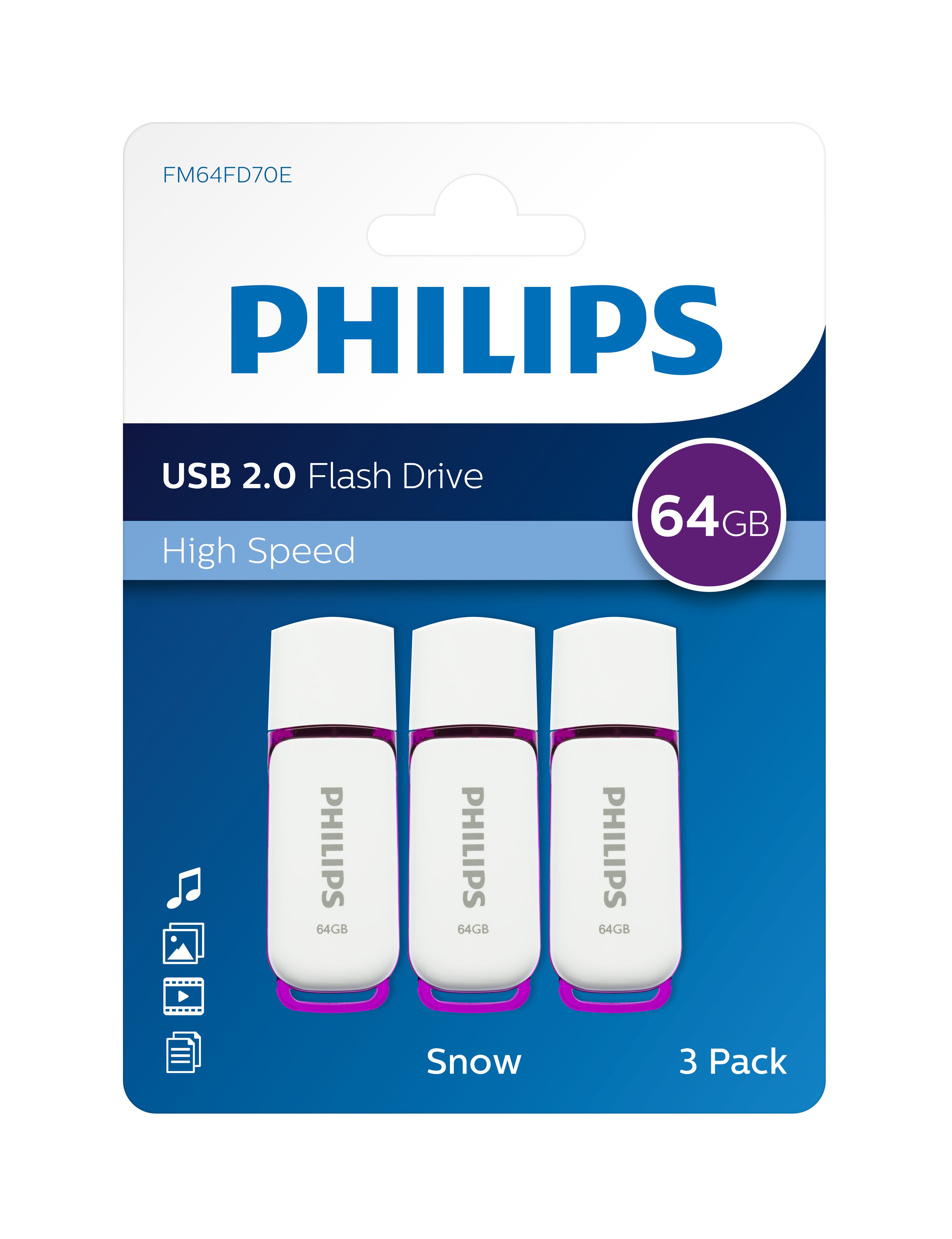 Philips FM64FD70E/00 USB-Stick (USB 2.0, Lesegeschwindigkeit 80,00 MB/s, Snow Edition Magic Purple®, 64 GB, USB 2.0, 3er Pack)