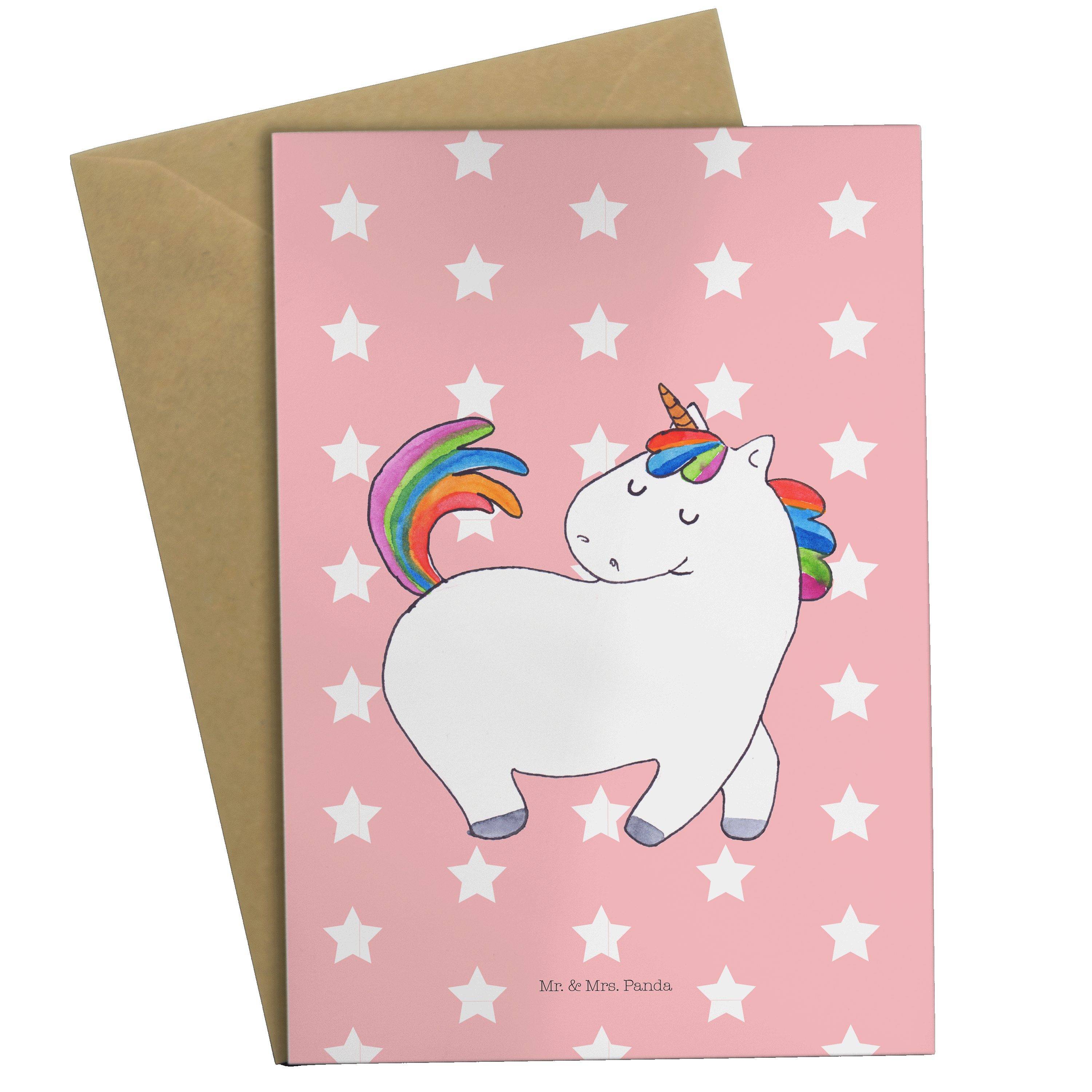 Mr. & Mrs. Panda Grußkarte Einhorn stolzierend - Rot Pastell - Geschenk, Hochzeitskarte, Unicorn