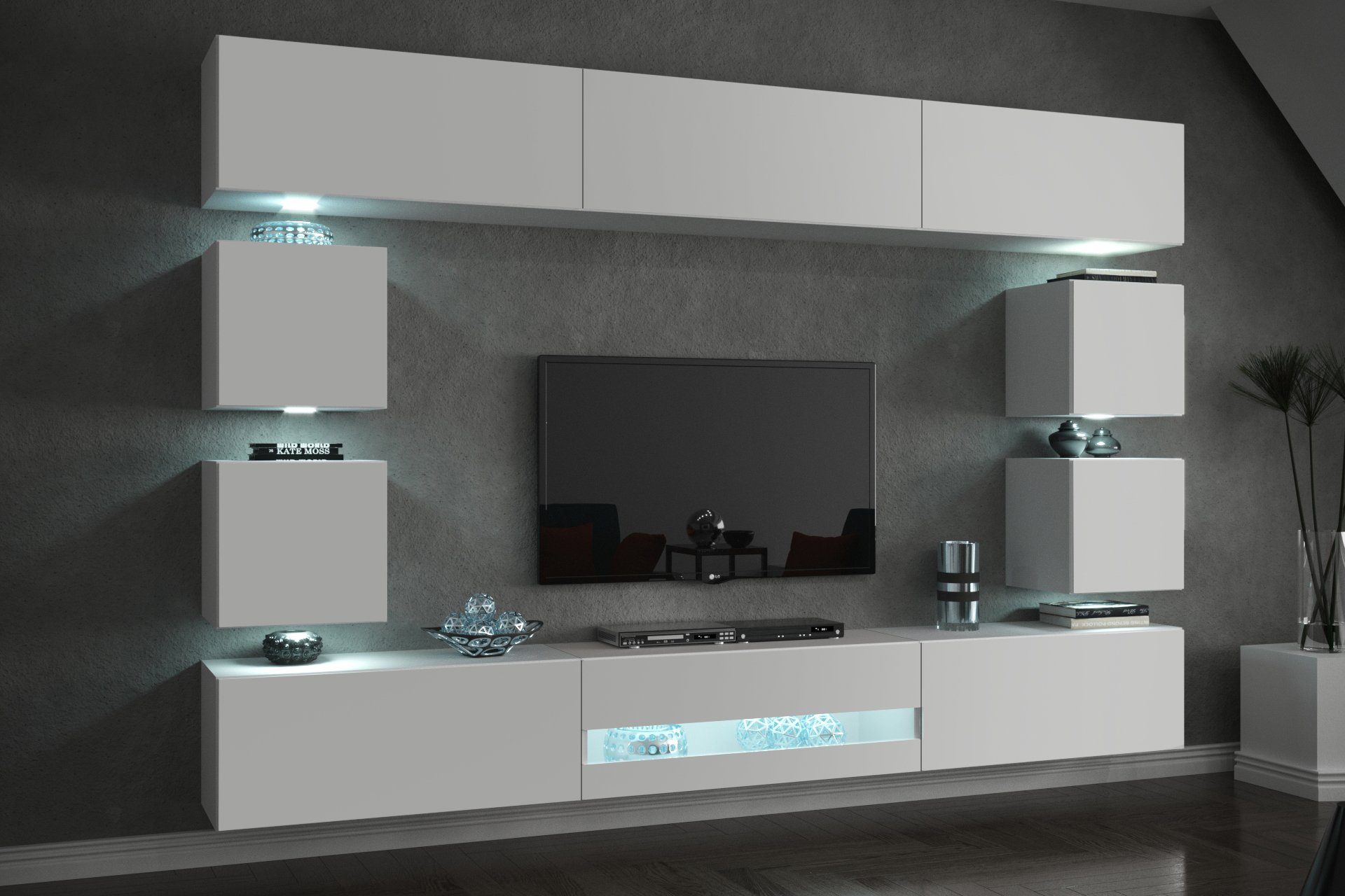 ROYAL24_MARKT Wohnwand - Zeitgemäßes Design in Premium-Qualität, (Komplett Set, 10-St., Premium Material), Premium-Qualität - Moderne Eleganz - Stimmungsvolle Beleuchtung Weiß | Wohnwände