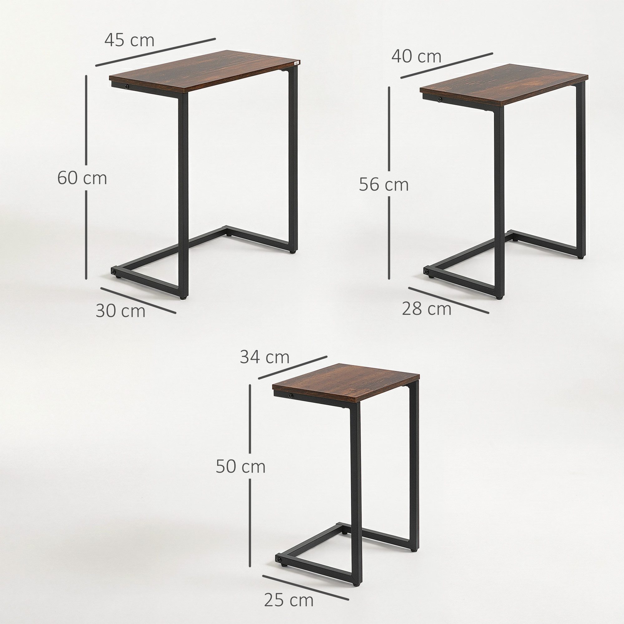 HOMCOM Beistelltisch 3er-Set Couchtische, Industriedesign für Wohnzimmer (Schreibtisch, 3-St., Couchtische), Rustikal-Braun Spanplatte, Stahl