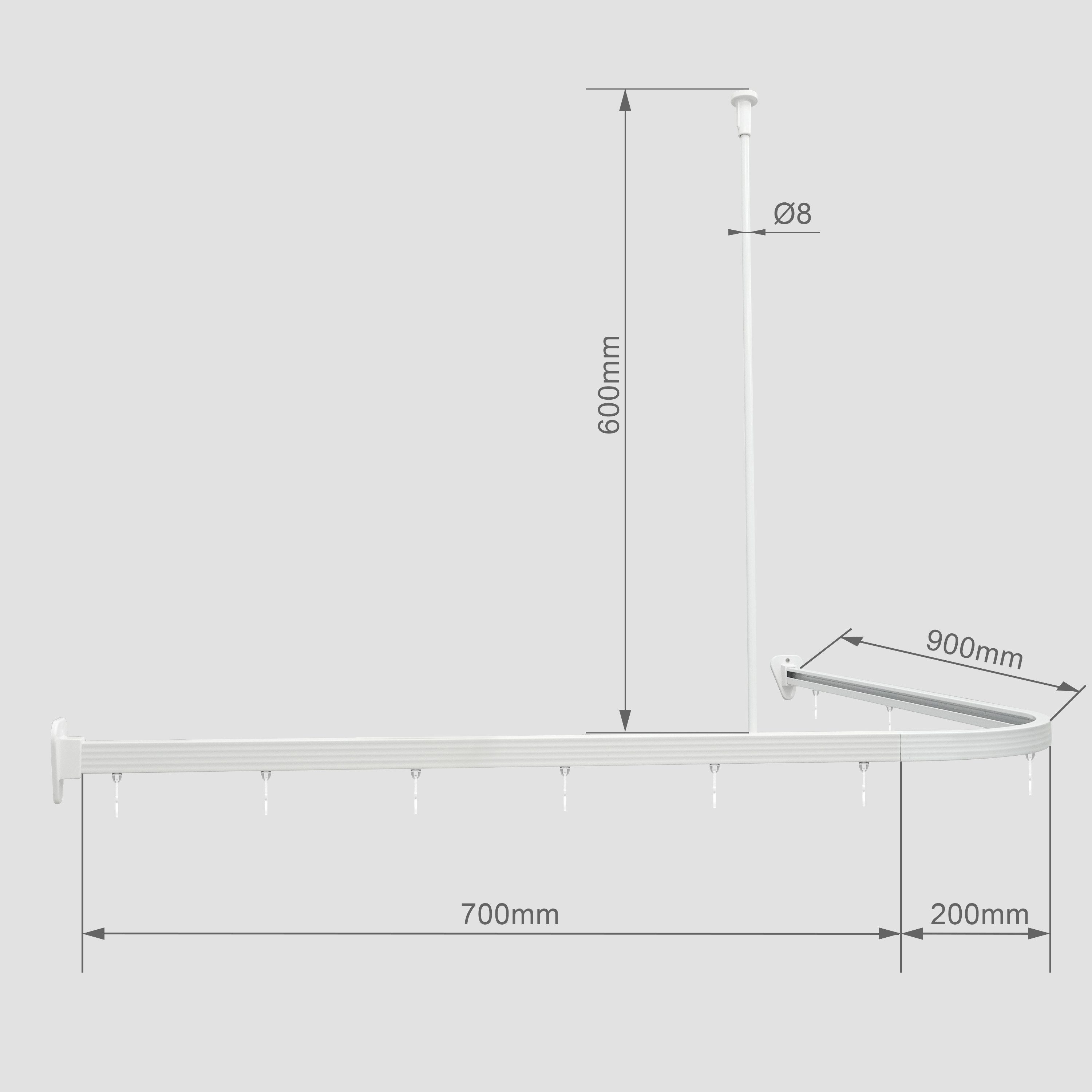 Euroshowers GmbH Duschvorhangstange Profi 90x90cm L-förmiges Duschstangen-Set Weiß aus Aluminium, Wand, Schrauben, Aluminium, Inklusive Deckenhalterung 60 cm,verbindungsstücken und 12 Vorhanghaken