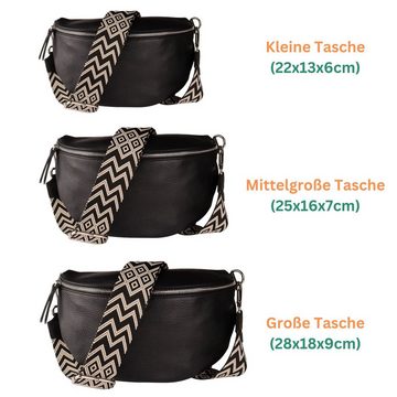 MIRROSI Bauchtasche Damen, Echtleder, Leder, Made in Italy, Umhängetasche, Brusttasche, (Schultertasche für jeden Anlass (1 Tasche & 2 Gurte), 3 Größen auswählbar), Crossbody Bag, Schwarz, gemusterten& verstellbaren Schulterriemen