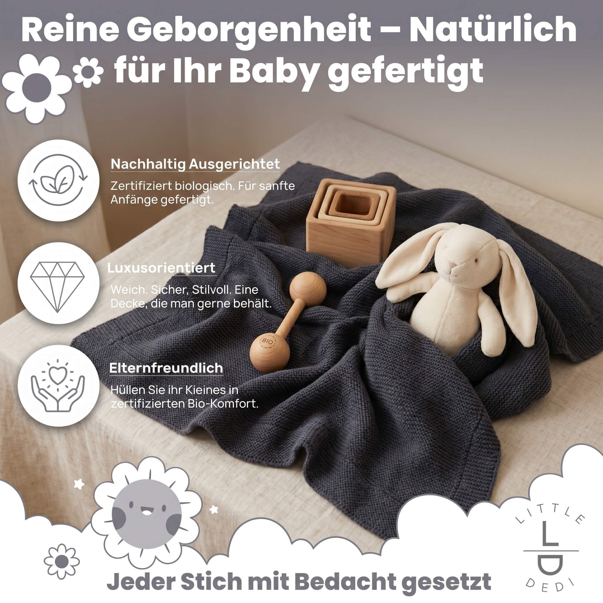 Babydecke Baby Strickdecke, %100 Bio Baumwolle, Atmungsaktiv 80x100cm Grau, Little Dedi