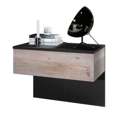 Vladon Nachttisch Sleep (Nachttischschrank, mit Schublade zur Wandmontage), Schwarz matt/Eiche Nordic (60 x 46 x 35 cm)