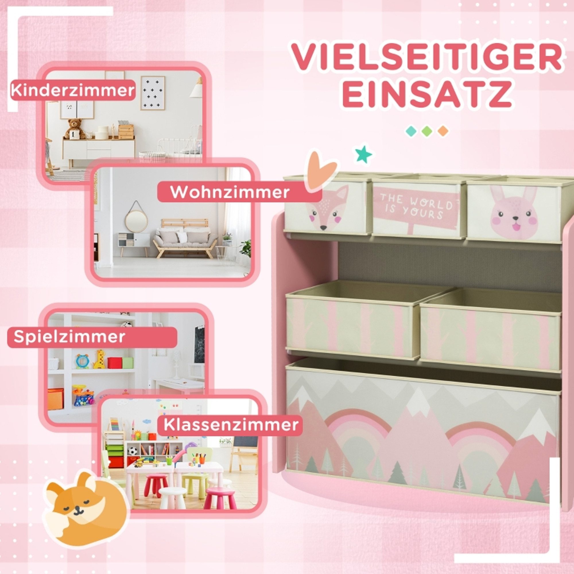 MC Star Kinderkleiderschrank Kinderschrank mit 6 Stoffboxen, niedliches Motiv, 63x30x66 cm, Rosa – Bild 3 von 5