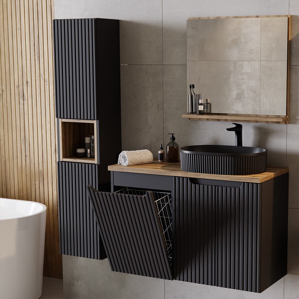 Lomadox Badmöbel-Set NEWPORT-56-BLACK, (Spar-Set, 3-St., Hochschrank Spiege günstig online kaufen