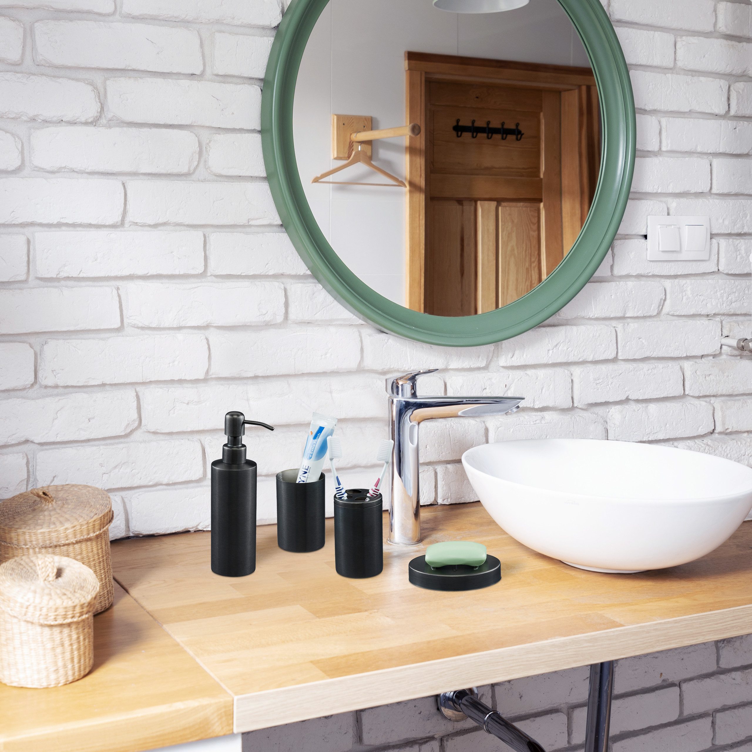 relaxdays Seifenspender 5-tlg. Badezimmer Set anthrazit günstig online kaufen
