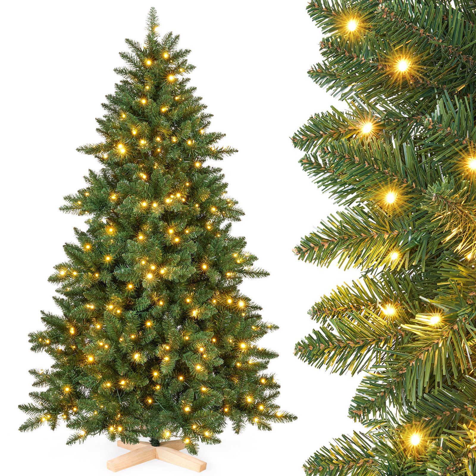 Yorbay Künstlicher Weihnachtsbaum mit LED-Beleuchtung 150/180/210 cm, Echtholz Baumständer