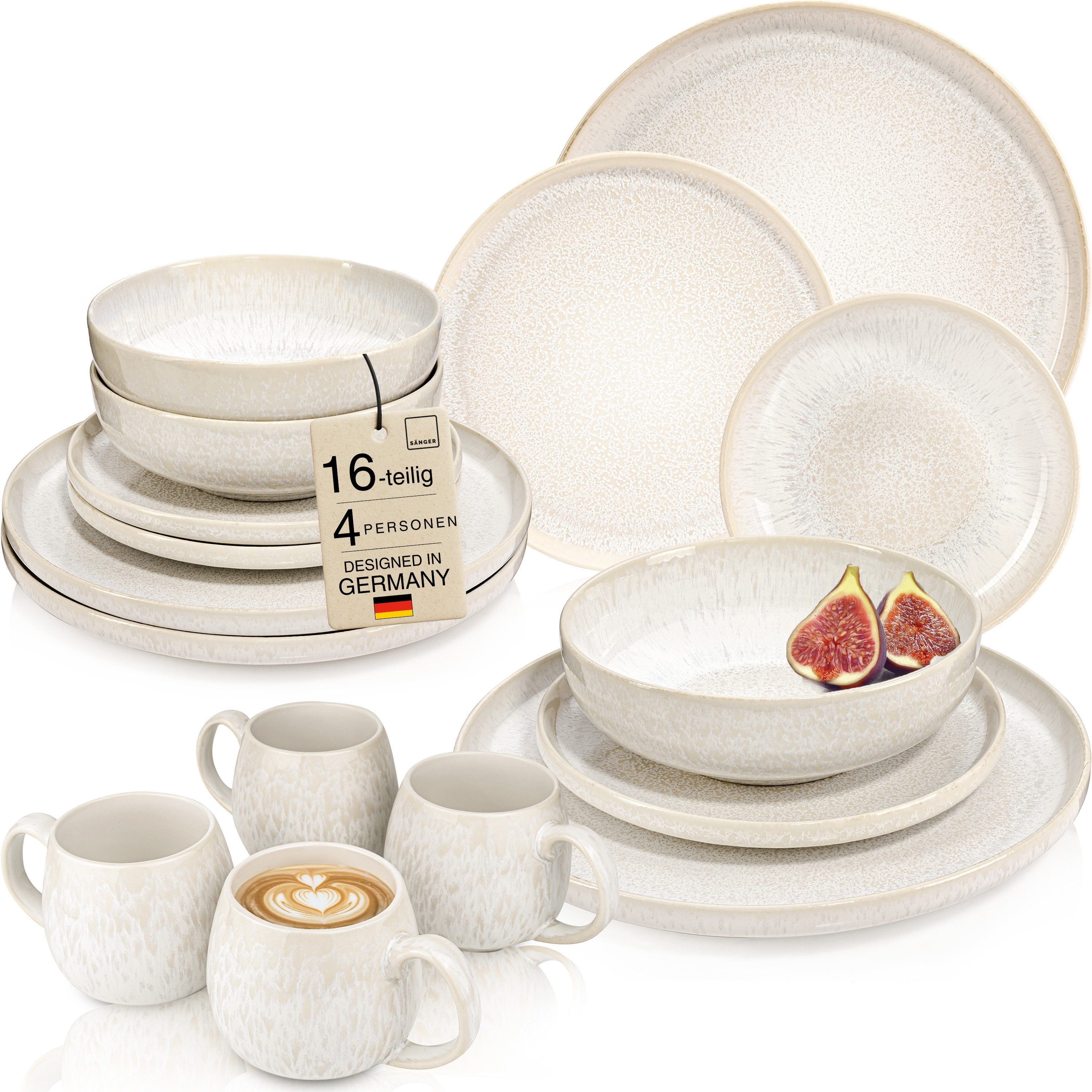 SÄNGER Geschirr-Set Korfu Geschirrset (12, 16, 24, 36 Teile) (16-tlg), 4 Personen, Steingut, Kombiservice, Creme Beige, Handmade, Premium Collection